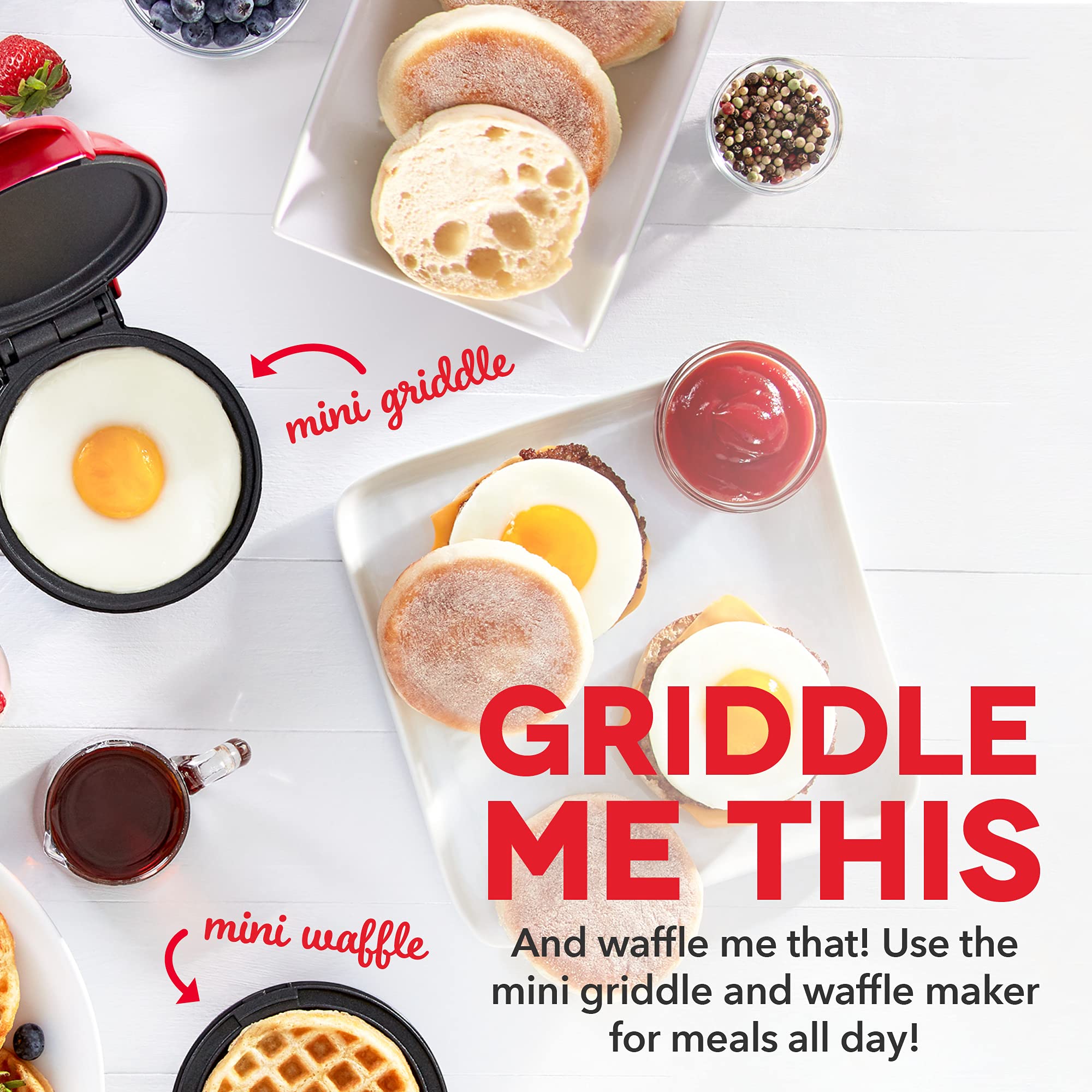 DASH Mini Maker Waffle Iron & Griddle Combo Set - 2-in-1 Breakfast Appliance for Waffles & Pancakes - Compact Red Waffle Maker Perfect for Small Kitchens, Dorms & RV Cooking