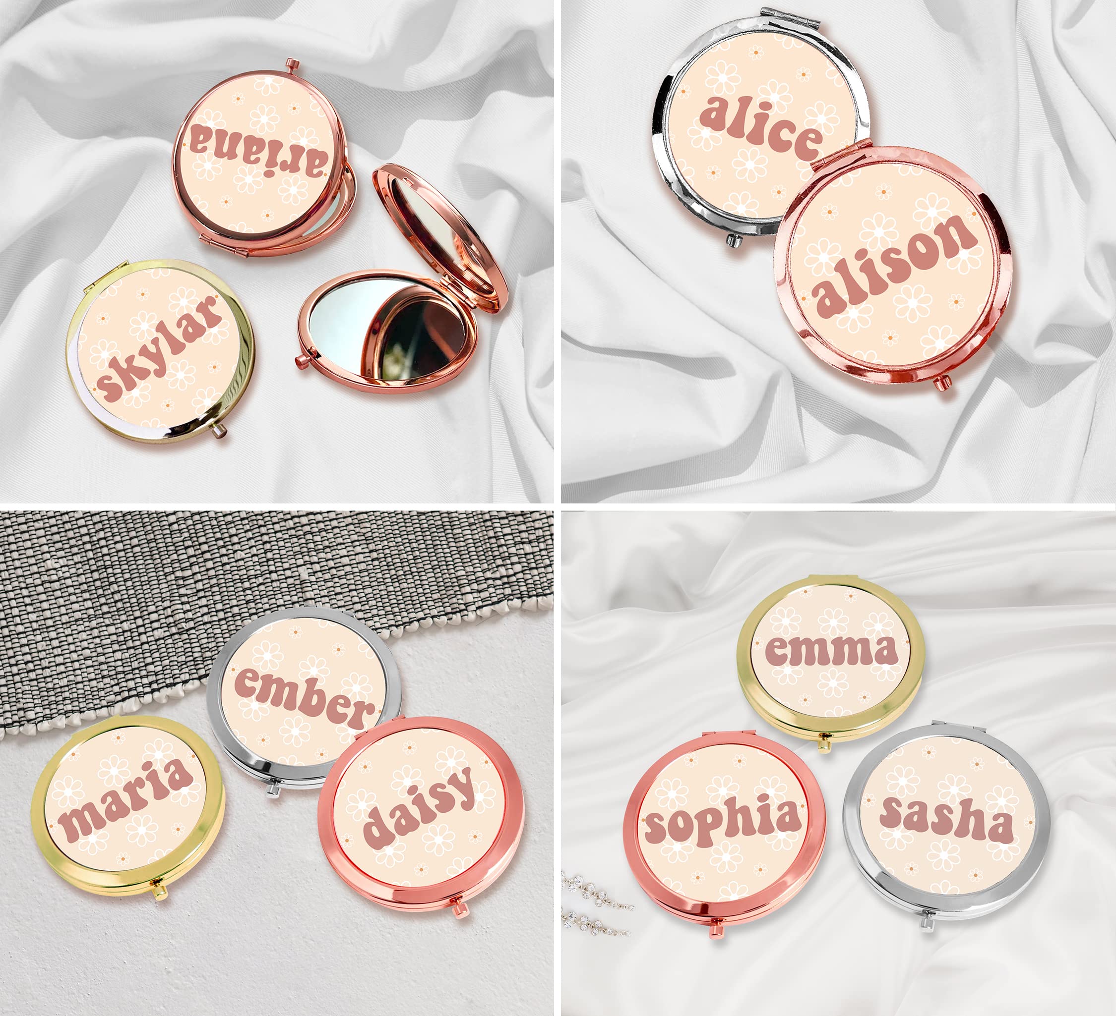 Personalized Compact Mirror with Daisy Design - Travel, Bridal, Bridesmaid Gift Idea - Silver Makeup Mirror for Women - Perfect for Weddings, Parties & Everyday Use