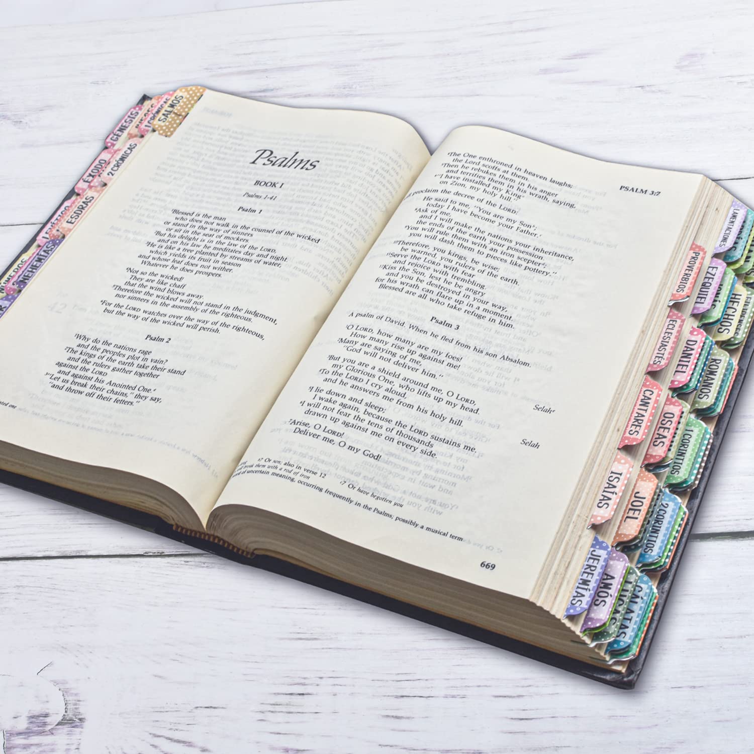 Spanish Catholic Bible Index Tabs Set - 122 Pcs Matte Laminated Floral & Polka Dot Design for Old & New Testament, Perfect for Bible Journaling, Study, and Gift Giving