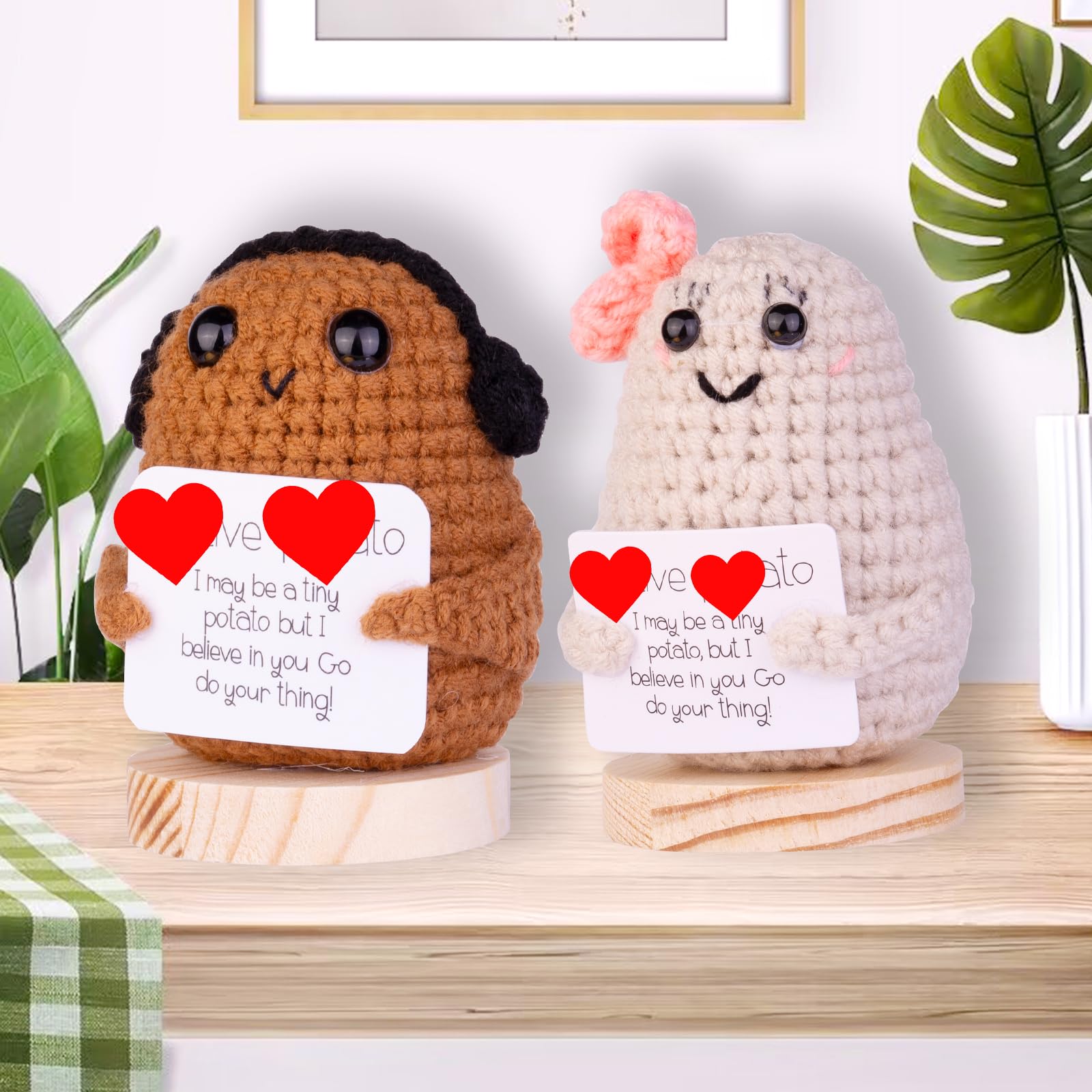Handmade Emotional Support Potato Car Ornament - Funny Knitted Potato Doll with Wooden Base for Dashboard - Cute Car, Home & Office Decor Gift (Bowknot Design) - Perfect for Stress Relief, Gag Gifts & Vehicle Interior Decoration