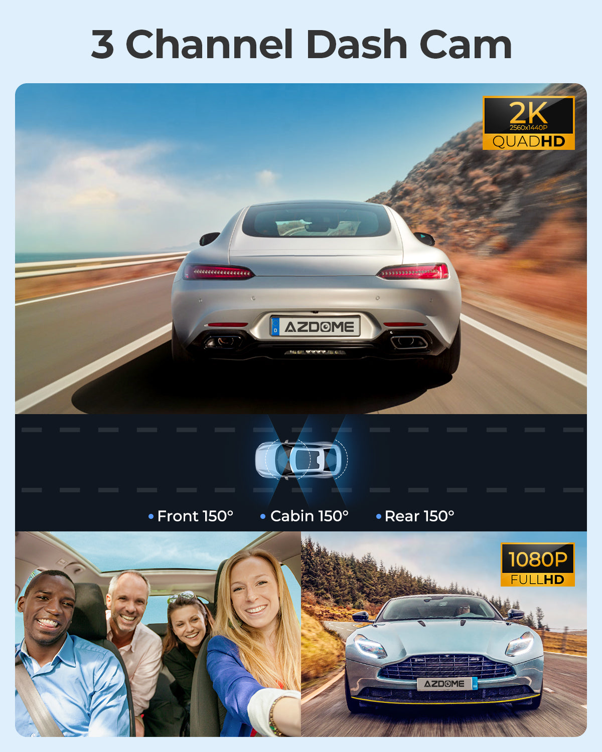 AZDOME M550 3 Channel 4K WiFi Dash Cam with 2.5K+1080P+2.5K Resolution, Built-in GPS, 24H Parking Mode, IR Night Vision & WDR - Includes Free 64GB Card (Supports up to 256GB) - Easy Installation for Cars, Trucks & RVs