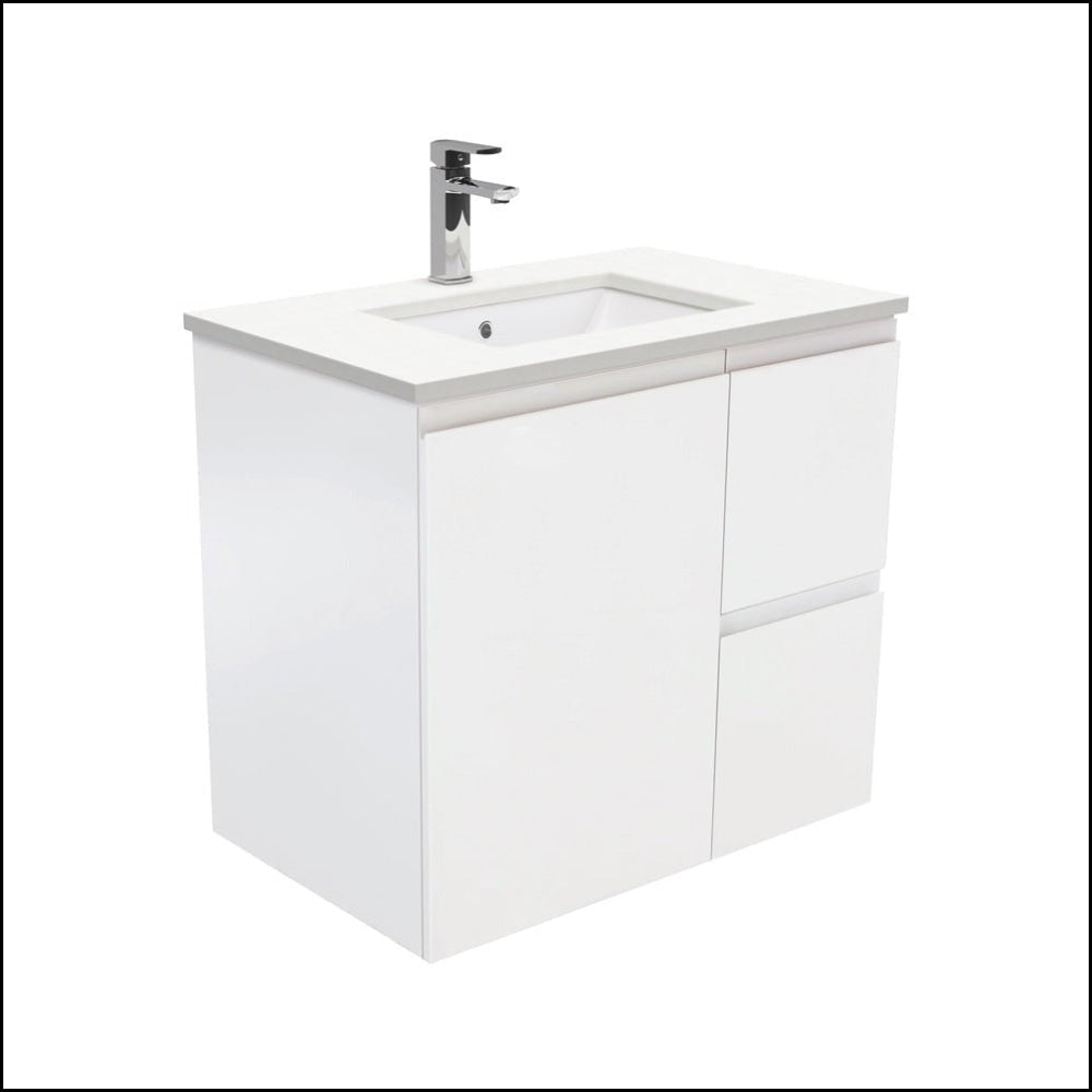 Fienza Crystal Pure 750mm SC75ZR Undermount Bathroom Vanity with Stone Top, Wall Mounted, Fingerpull Handle, Right Drawers in Satin White - Perfect for Modern Bathroom Renovation and Small Space Design