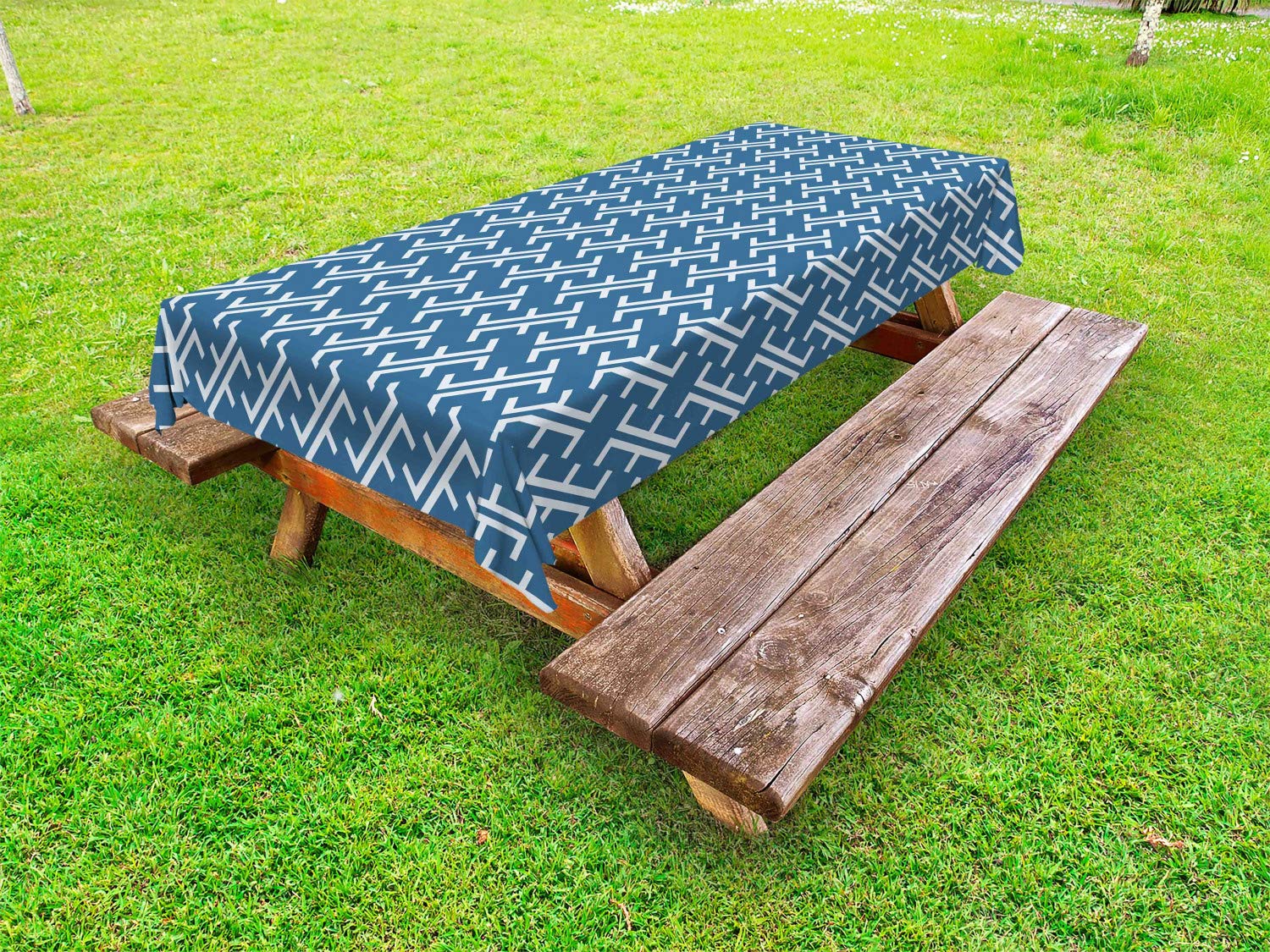 Ambesonne Japanese Style Ocean Waves Asian Outdoor Tablecloth - Blue and White Oriental Artwork, Washable Decorative Picnic Table Cover 58