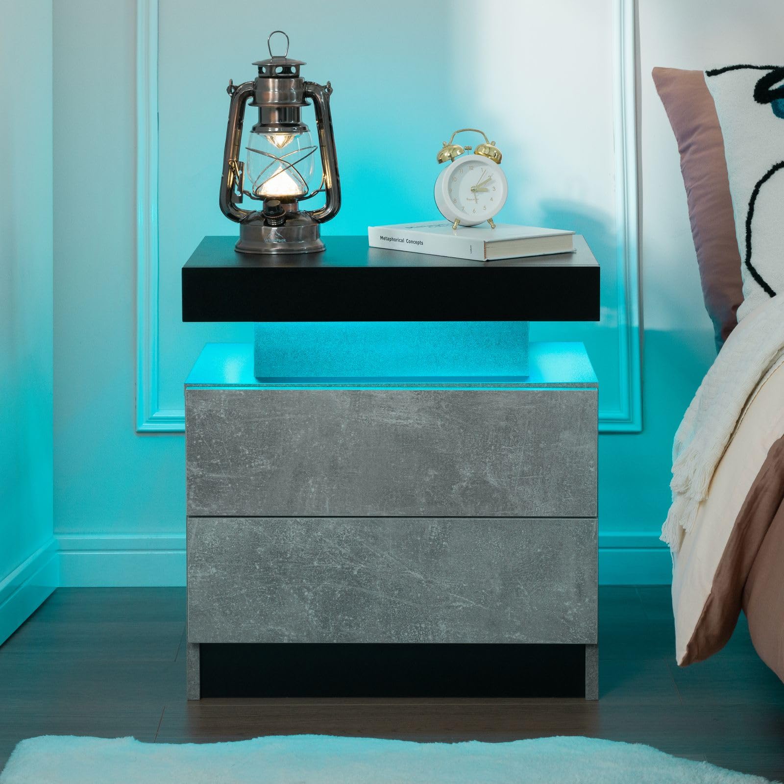 2-Drawer LED Nightstand Set of 2 - Modern Bedside Table with Touch Control Lights, Grey & Black Bedroom Furniture for Bedside Storage & Reading