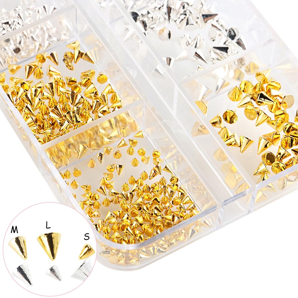 Mini Metal Rivet Punk Nail Charms - Gold & Silver Cone Nail Art Studs, Alloy Spike Studs for Acrylic Nails - DIY Nail Jewelry Decorations | Perfect for Gothic, Punk & Edgy Nail Art Designs