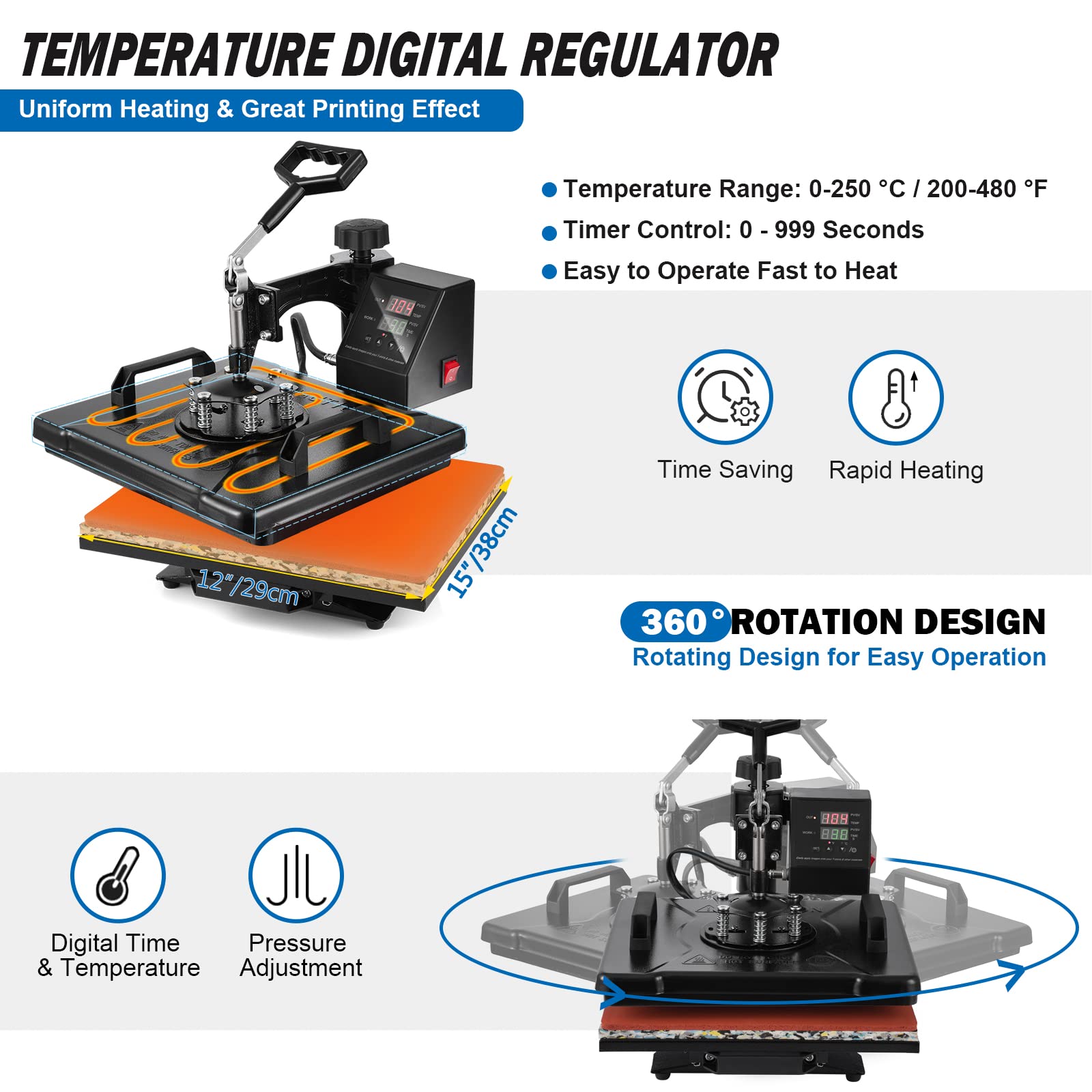 8 in 1 Heat Press Machine 12x15 inch - Combo Swing Away T-Shirt Press Machine for Sublimation Transfers on Shirts, Hats, Mugs & Plates | Perfect for DIY Crafts, Custom Apparel & Small Business Printing