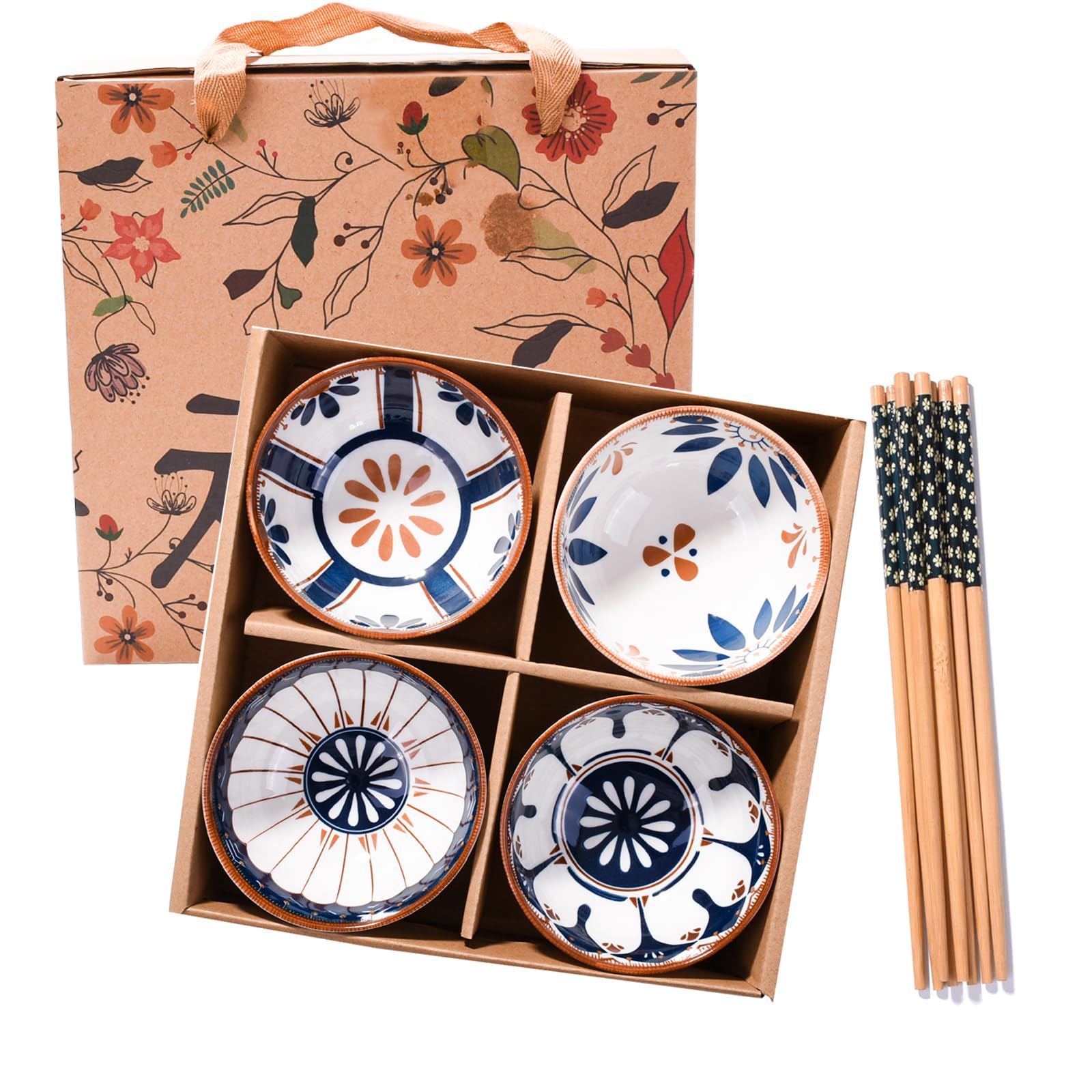 Premium 4-Piece Ceramic Rice Bowl and Chopstick Set - Elegant Asian Dining Gift for Friends & Family | Ideal for Home Meals, Parties, and Thoughtful Gifting