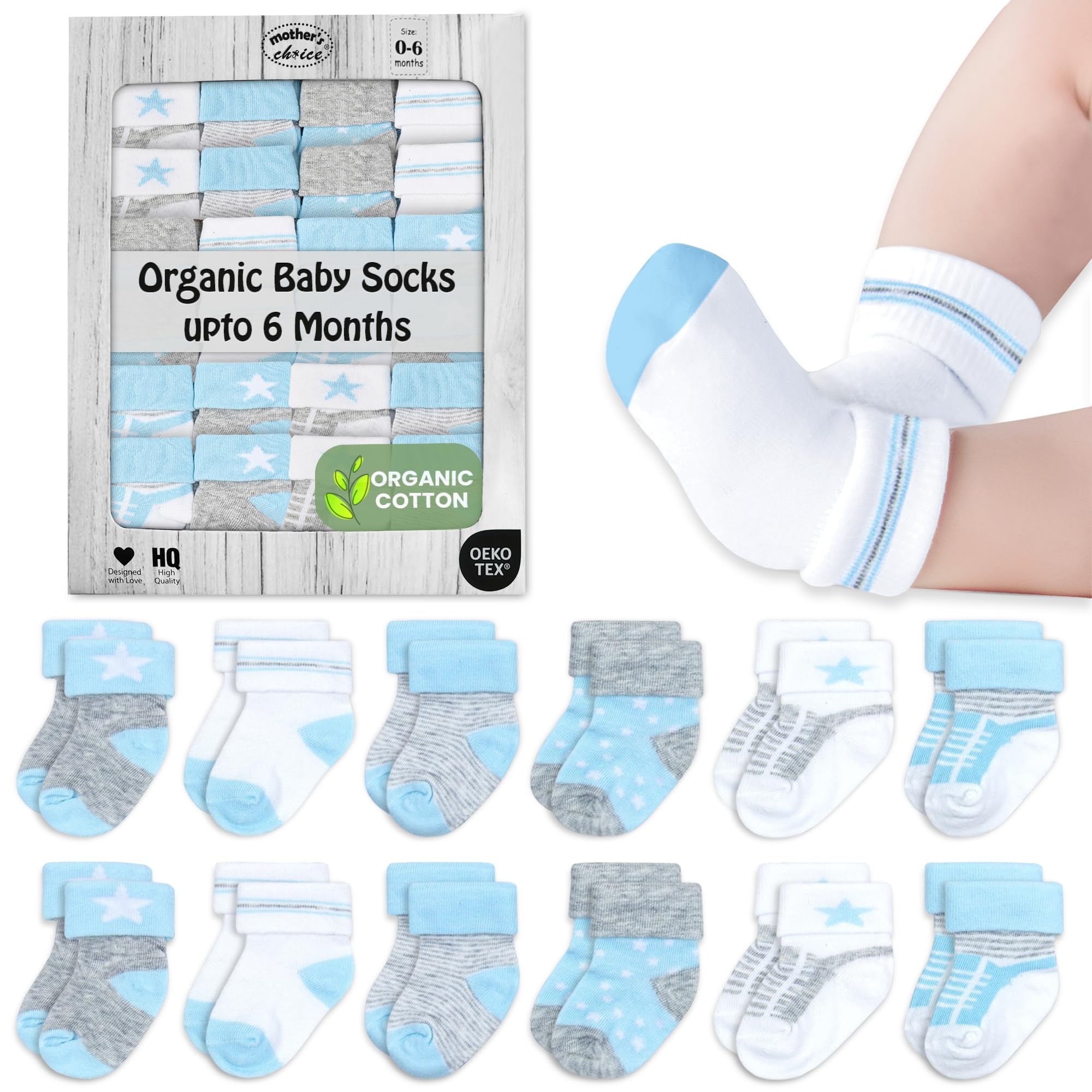 Organic Cotton Baby Socks for Newborns 0-6 Months | 12 Pairs Soft Hypoallergenic Unisex Infant Socks | Perfect Baby Shower Gift Set (Blue, Gray, White) | Ideal for Daily Wear, Playtime & Photo Shoots