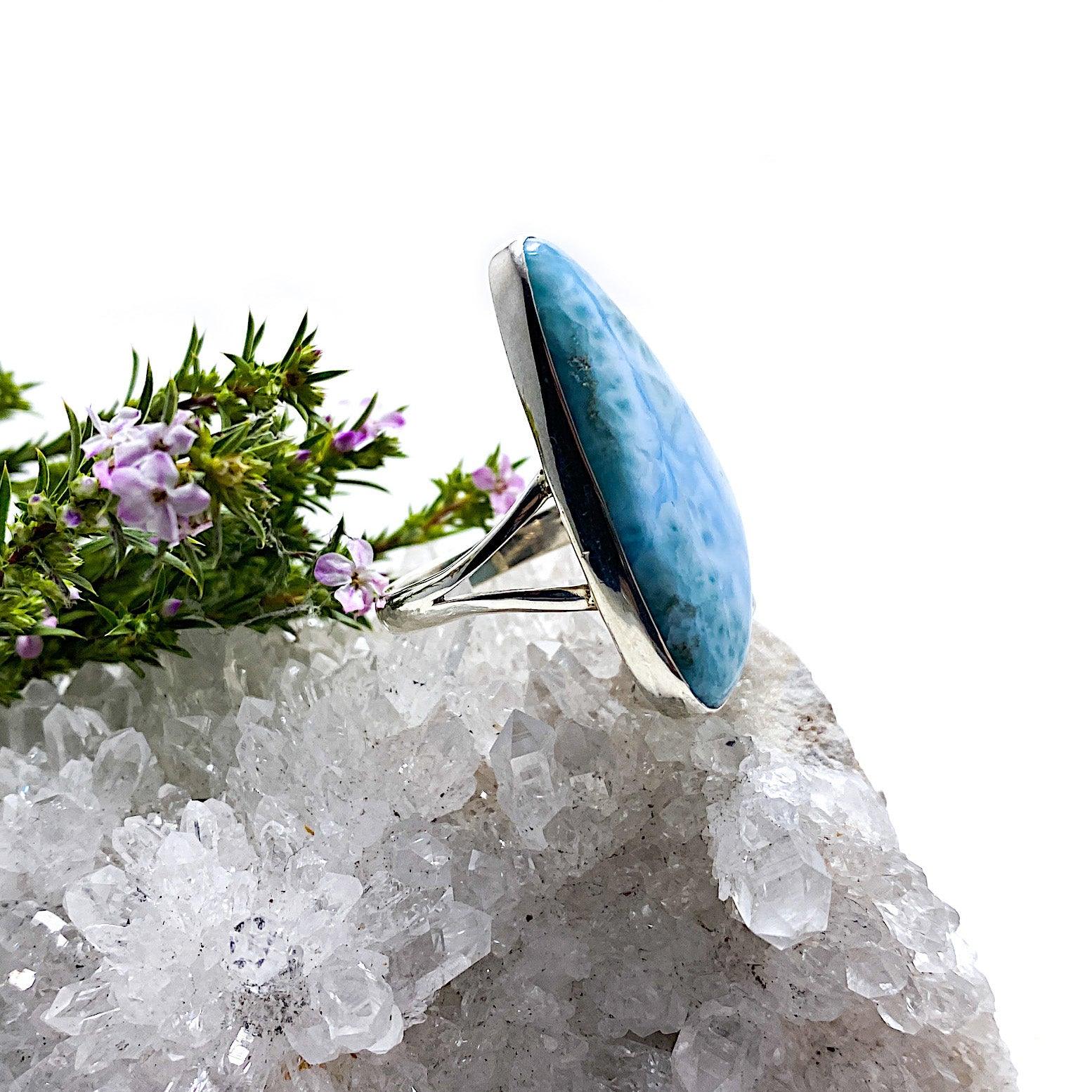 Larimar Freeform Cabochon Ring with Split Band - Size 10 (KRGJ1399) | Handmade Jewelry for Women, Boho Chic Accessory, Perfect for Beach Weddings & Everyday Wear