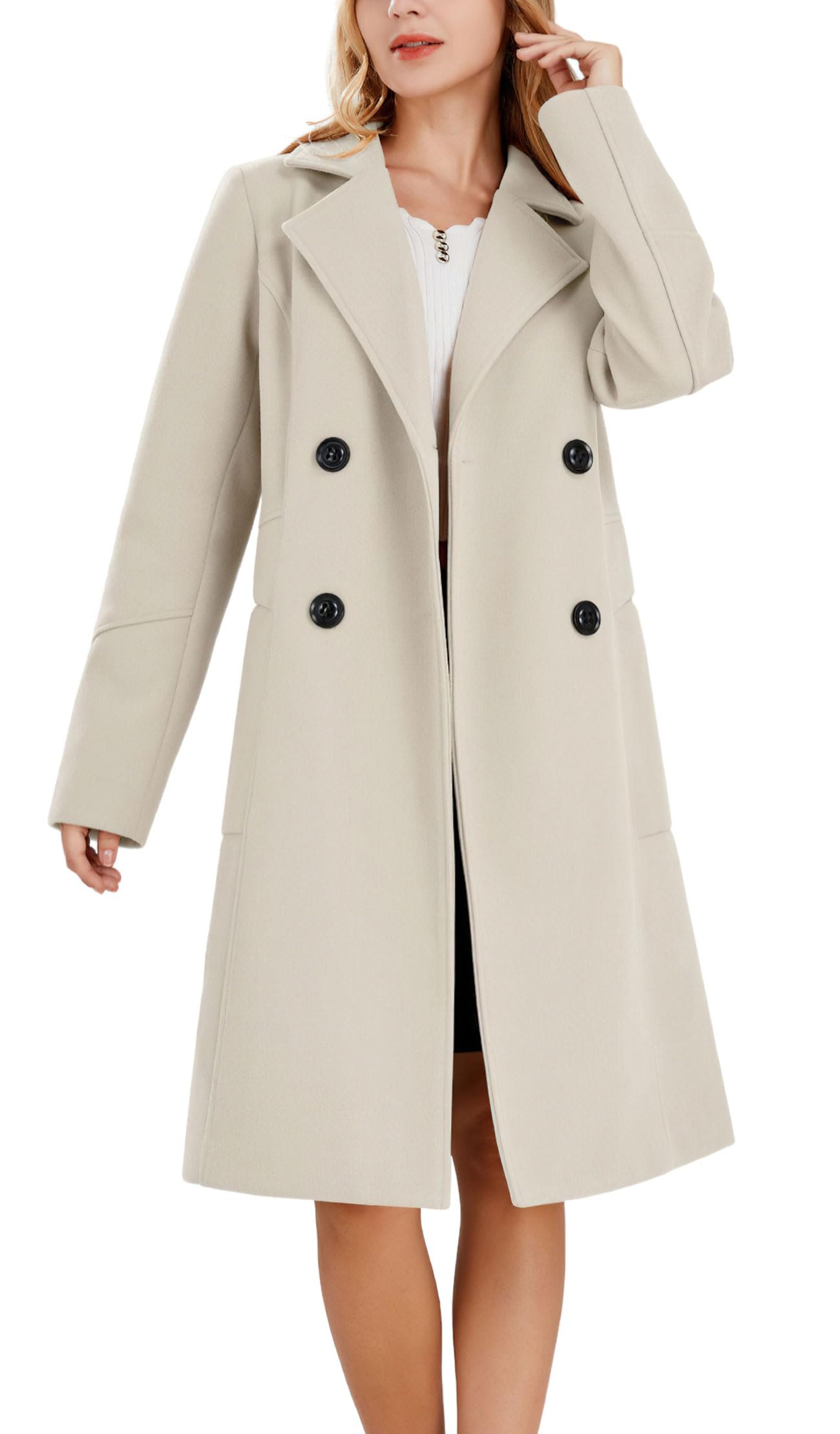 Women's Double Breasted Wool Blend Pea Coat - Mid-Length Winter Warm Trench Coat for Office, Dating & Casual Outfits