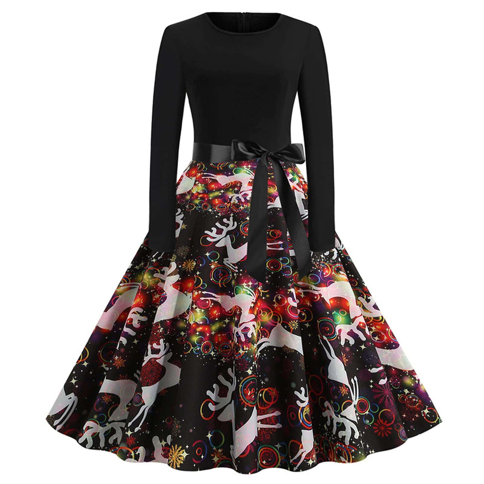 Vintage Christmas Dresses for Women - Long Sleeve Patchwork Midi Dress Holiday Party Outfit | Perfect for Cocktail Parties, Christmas Gatherings & Festive Celebrations