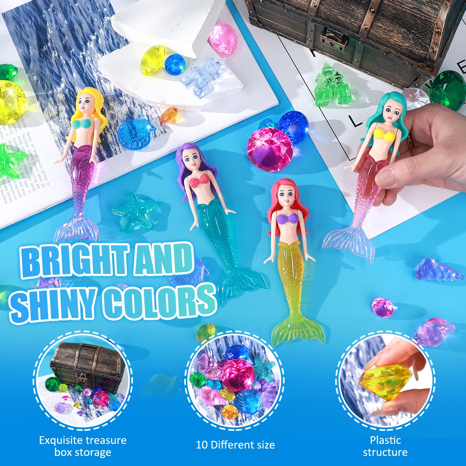EIMMBD 36pcs Diving Gem Pool Toys Set - Colorful Plastic Diamonds with Treasure Pirate Box - Fun Swimming & Diving Toys for Kids - Perfect for Pool Parties, Beach Games & Underwater Treasure Hunts
