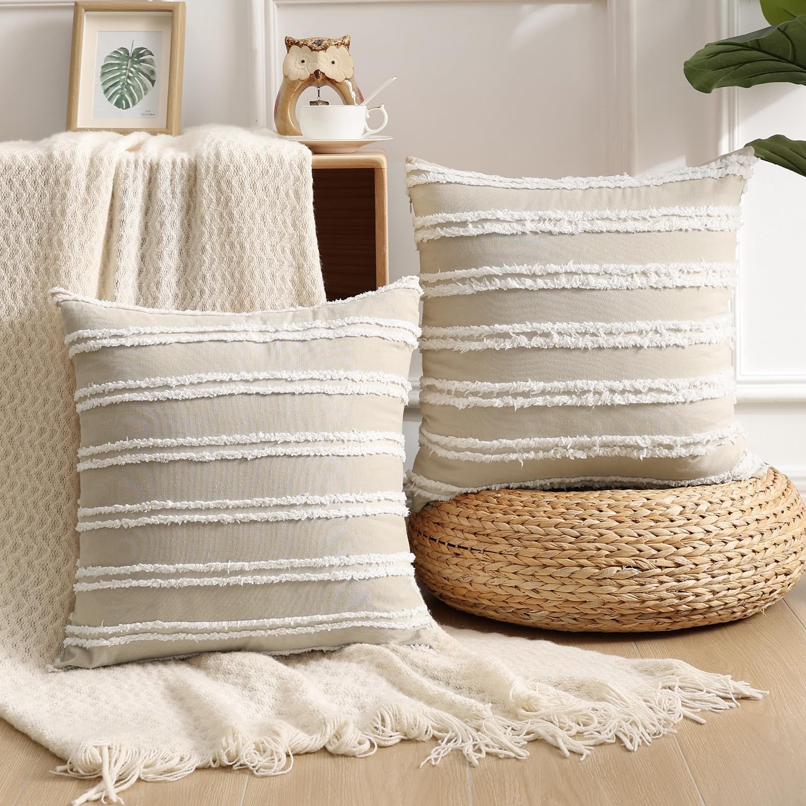 Pallene Boho Decorative Throw Pillow Covers 26x26 Set of 2 - Soft Cotton Linen Cushion Covers for Couch, Sofa & Living Room - Khaki Home Decor - Perfect for Bohemian, Farmhouse & Modern Interior Design Styles