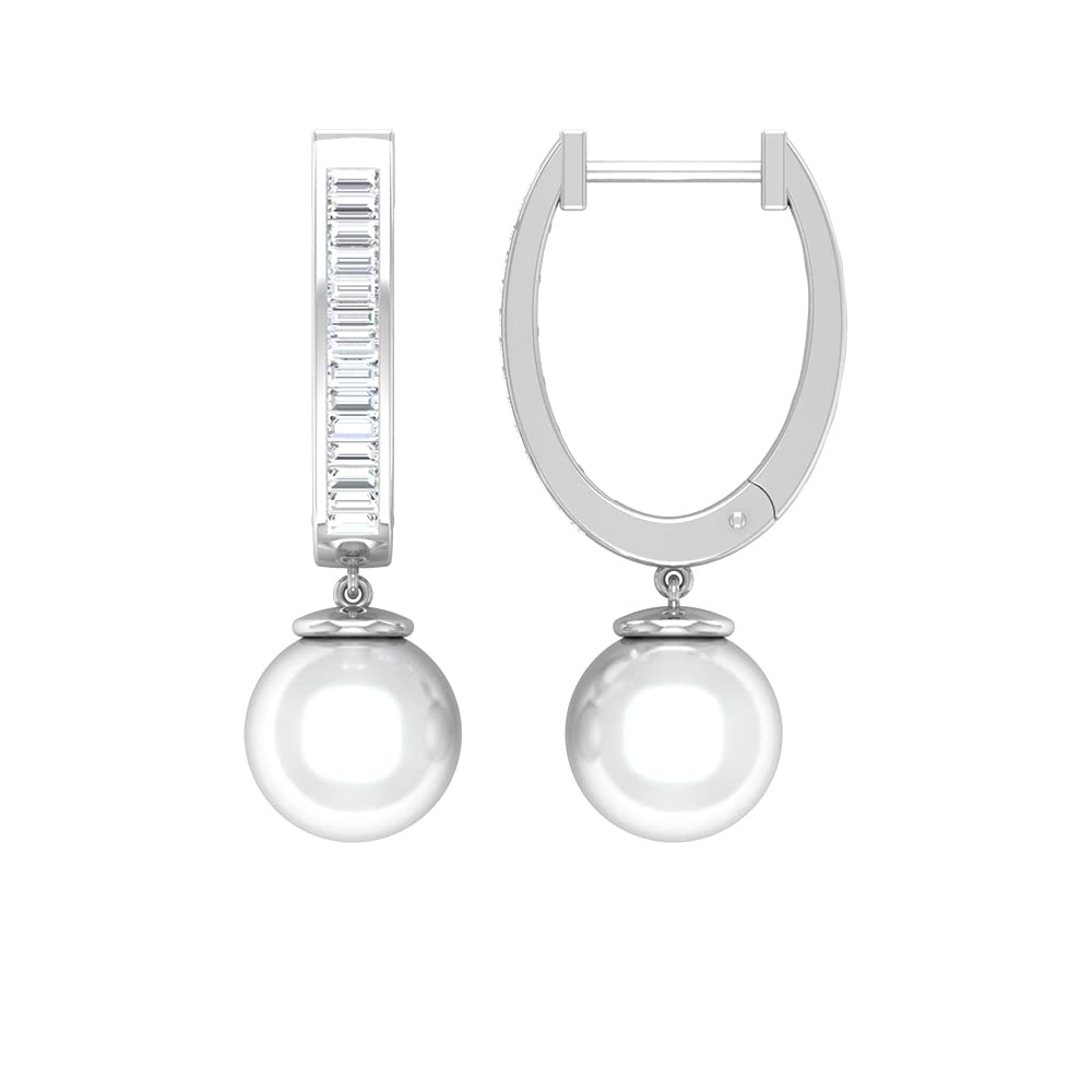 8.25 CT Freshwater Pearl and Diamond Hoop Drop Earrings for Women - 14K Solid Gold, 8mm Pearl Jewelry - Perfect for Weddings, Parties & Special Occasions