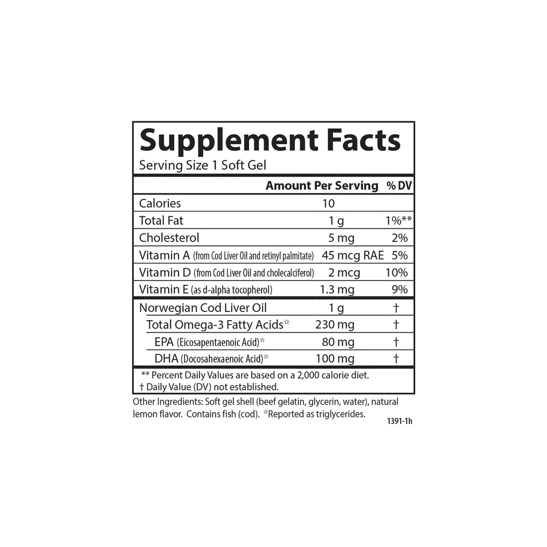 Carlson Cod Liver Oil Lemon Flavor - 300 Softgels | High in Omega-3 & Vitamin D | Supports Heart, Brain & Immune Health | Great for Daily Wellness & Immune Support
