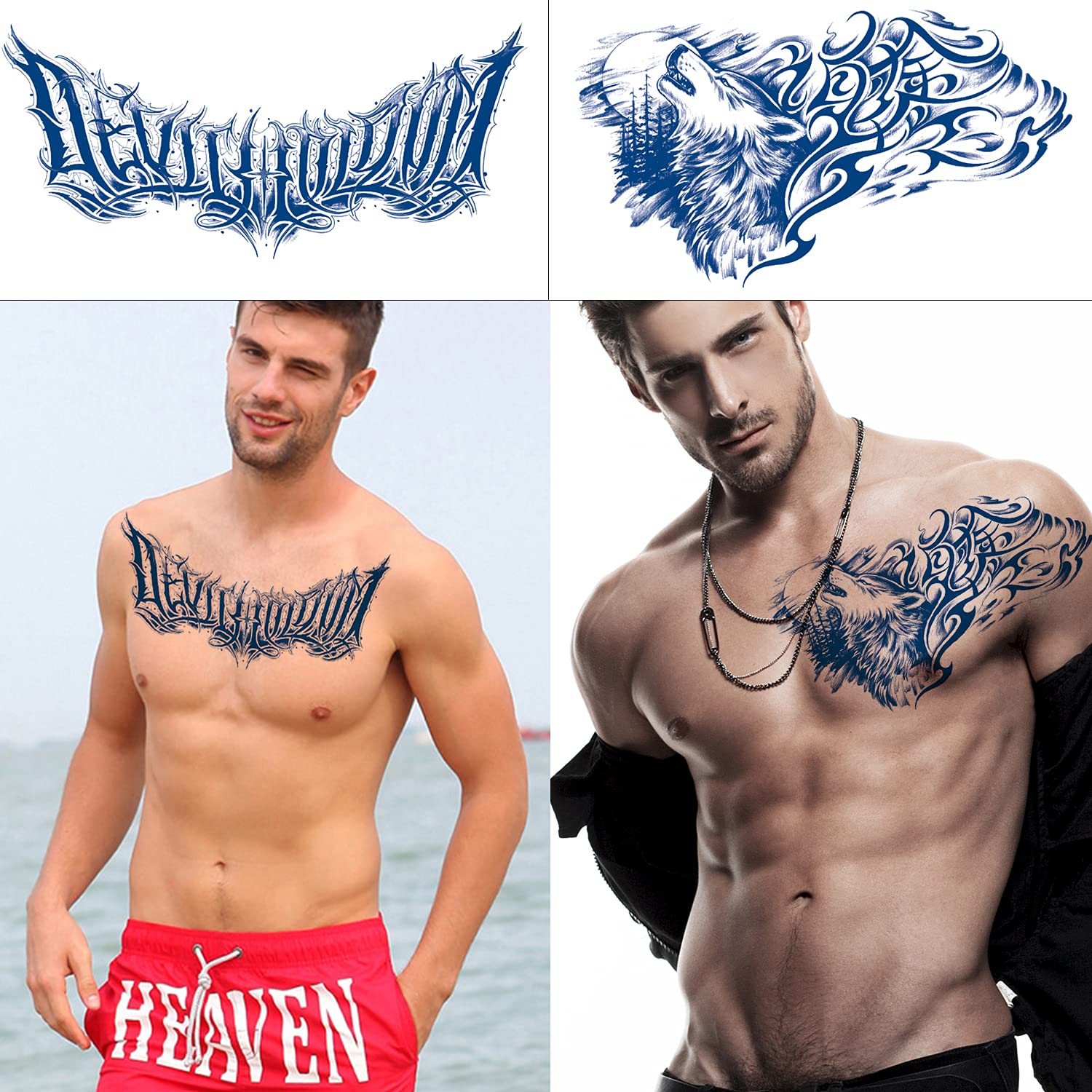 Glaryyears 4-Pack Large Semi-Permanent Chest Tattoos for Men - Dragon, Tiger, Wings & Letter Designs - Waterproof Temporary Tattoos for Shoulder, Upper Back & Thorax - Perfect for Light & Dark Skin | Great for Parties, Halloween, Cosplay & Body Art Enthusiasts