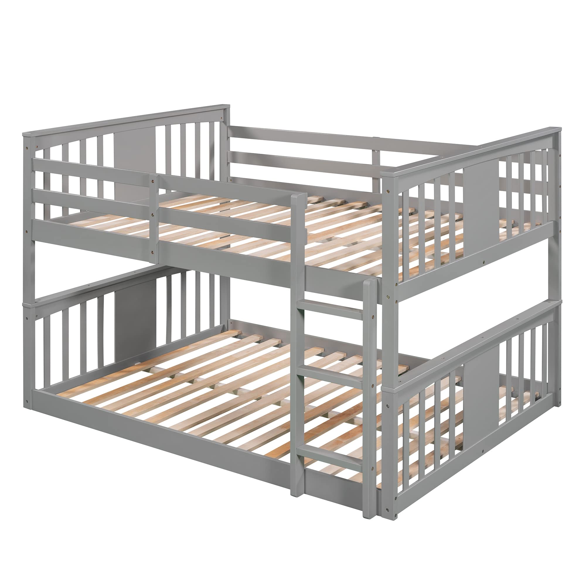 LZ LEISURE ZONE Full Over Full Bunk Bed with Ladder - Sturdy Wooden Low Profile Bunk Bed Frame, No Box Spring Required (Grey) - Perfect for Kids' Bedrooms, Guest Rooms & Small Spaces