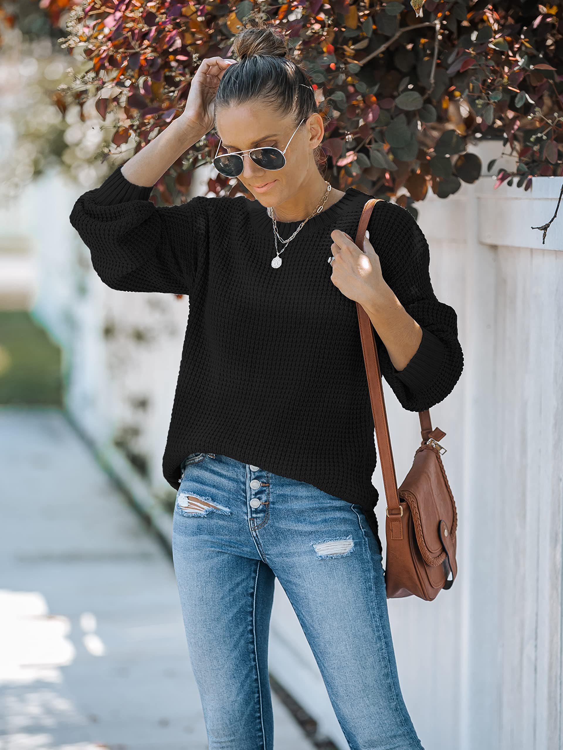 MEROKEETY Women's 2024 Fall Waffle Knit Sweater - Long Balloon Sleeve Loose Pullover Jumper - Casual Knitted Top for Autumn | Perfect for Coffee Dates, Office Wear & Weekend Outfits