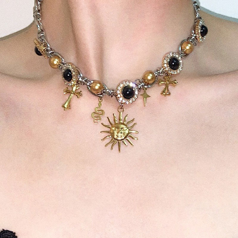 LATAO Medusa Black Gold Cross Sun Pearl Vintage Necklace for Women - Gothic Jewelry, Fashion Statement, Perfect for Parties, Weddings & Special Occasions