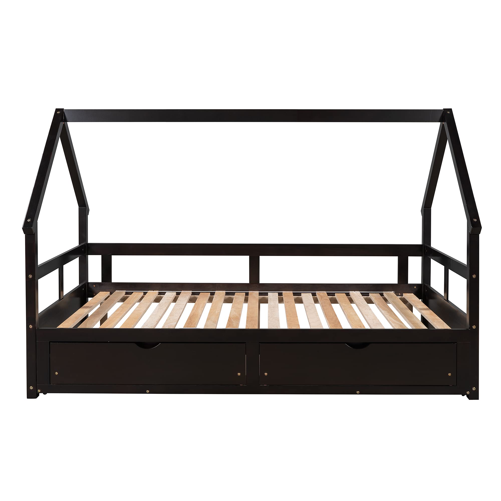 Wooden Daybed with Trundle & 2 Storage Drawers - Twin to King Size Convertible House Bed for Kids & Teens, No Box Spring Needed (Espresso) - Perfect for Guest Rooms, Dormitories & Small Spaces