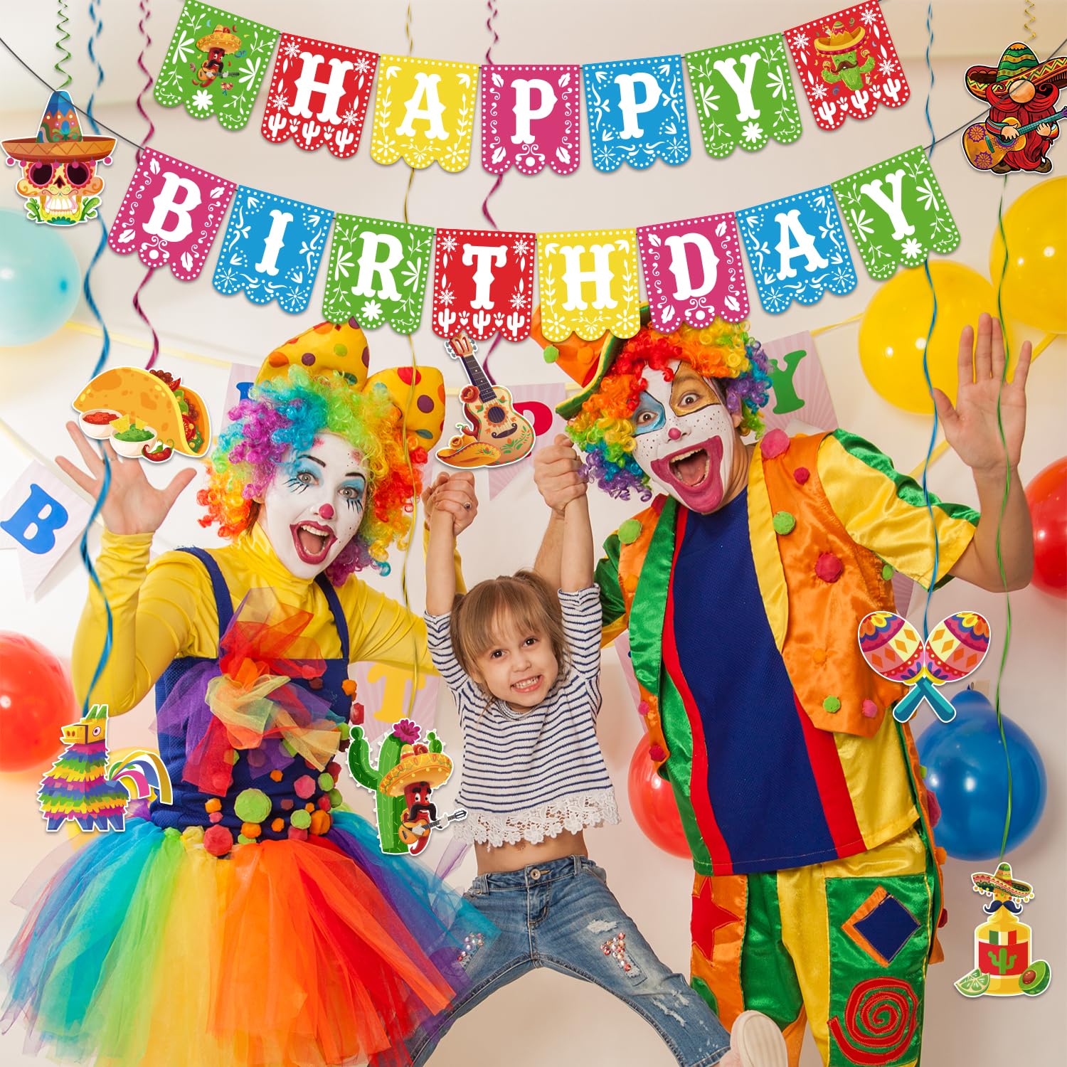 Pre-Strung Taco Birthday Party Decorations Kit - Includes 1 Fiesta Happy Birthday Banner & 8 Cinco De Mayo Hanging Swirls - Mexican Themed Party Supplies for Fiesta, Taco Tuesday & Birthday Celebrations