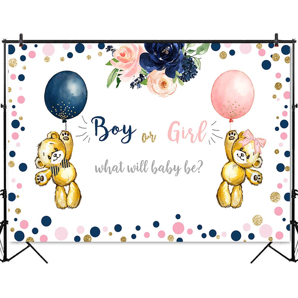 Gender Reveal Party Backdrop - 7x5ft Navy Blue & Blush Pink Floral Stuffed Bear Balloon Background for Baby Shower, Cake Table Decor, Photo Booth Props - Perfect for Gender Announcement Celebrations