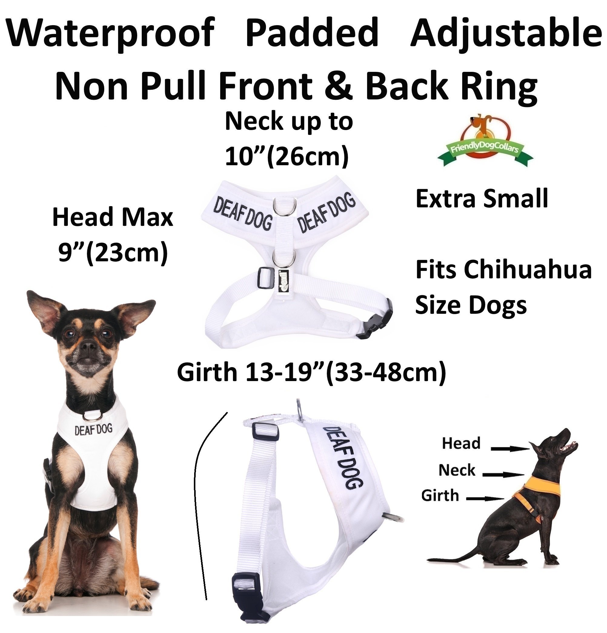 **White Color-Coded Non-Pull Front & Back D-Ring Padded Waterproof Vest Harness for Deaf Dogs – Prevents Accidents with Hearing Loss Warning (XS) – Ideal for Walks, Training & Outdoor Safety**
