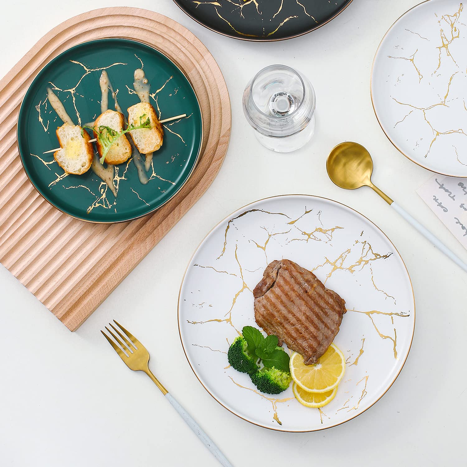 Nordic Style 8-Inch Ceramic Dinner Plates Set of 4 - Marble Gold Inlay, Microwave, Oven & Dishwasher Safe - Perfect for Family Dinners, Parties & Restaurant Use