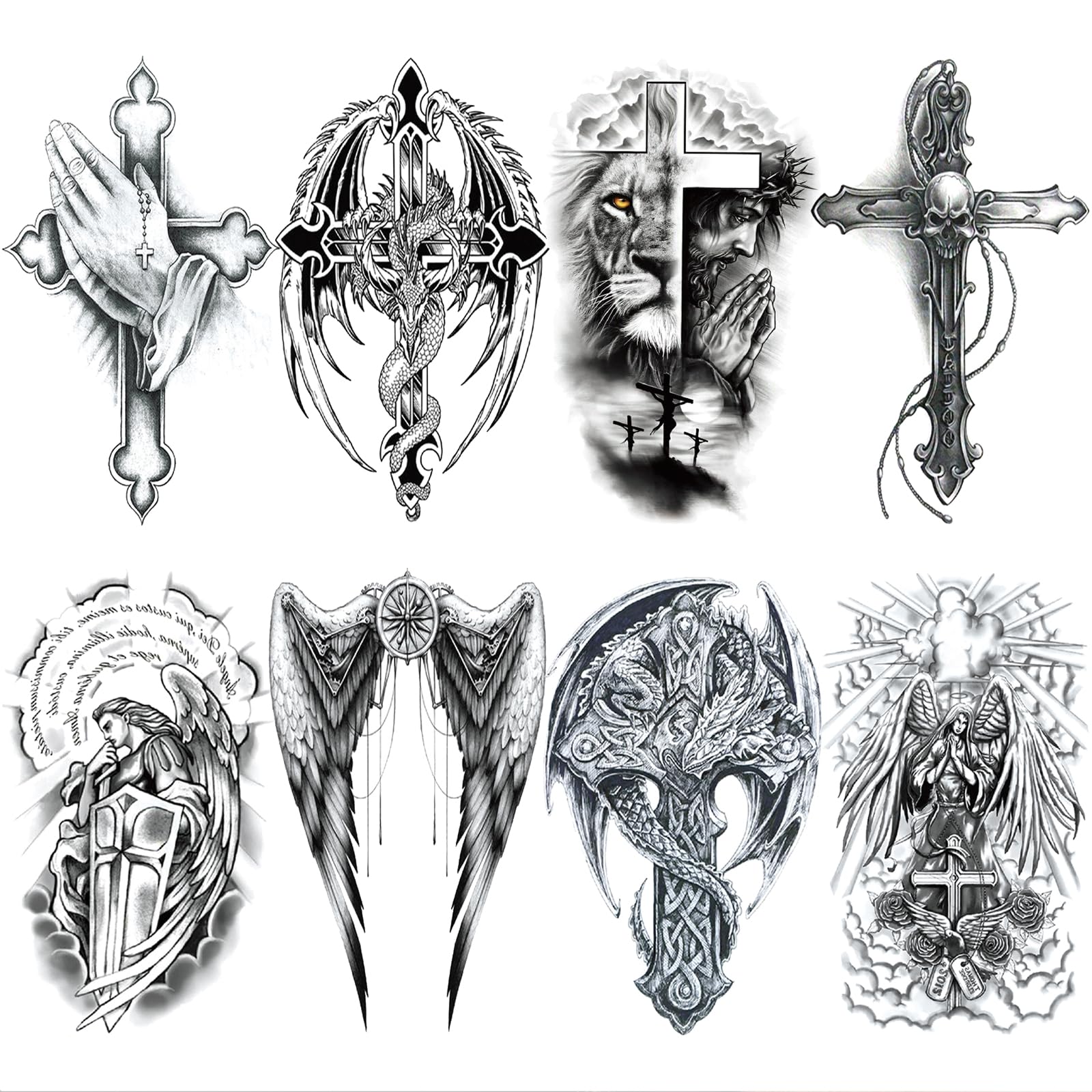 Realistic Cross Wing Temporary Tattoo for Men - Large Half Sleeve Black Religious Tattoo Stickers | Holy God Jesus Fake Tattoo, Christian Tribal Arm & Chest Body Art | 8-Sheet Pack for Halloween, Cosplay, Costume Parties & Religious Events