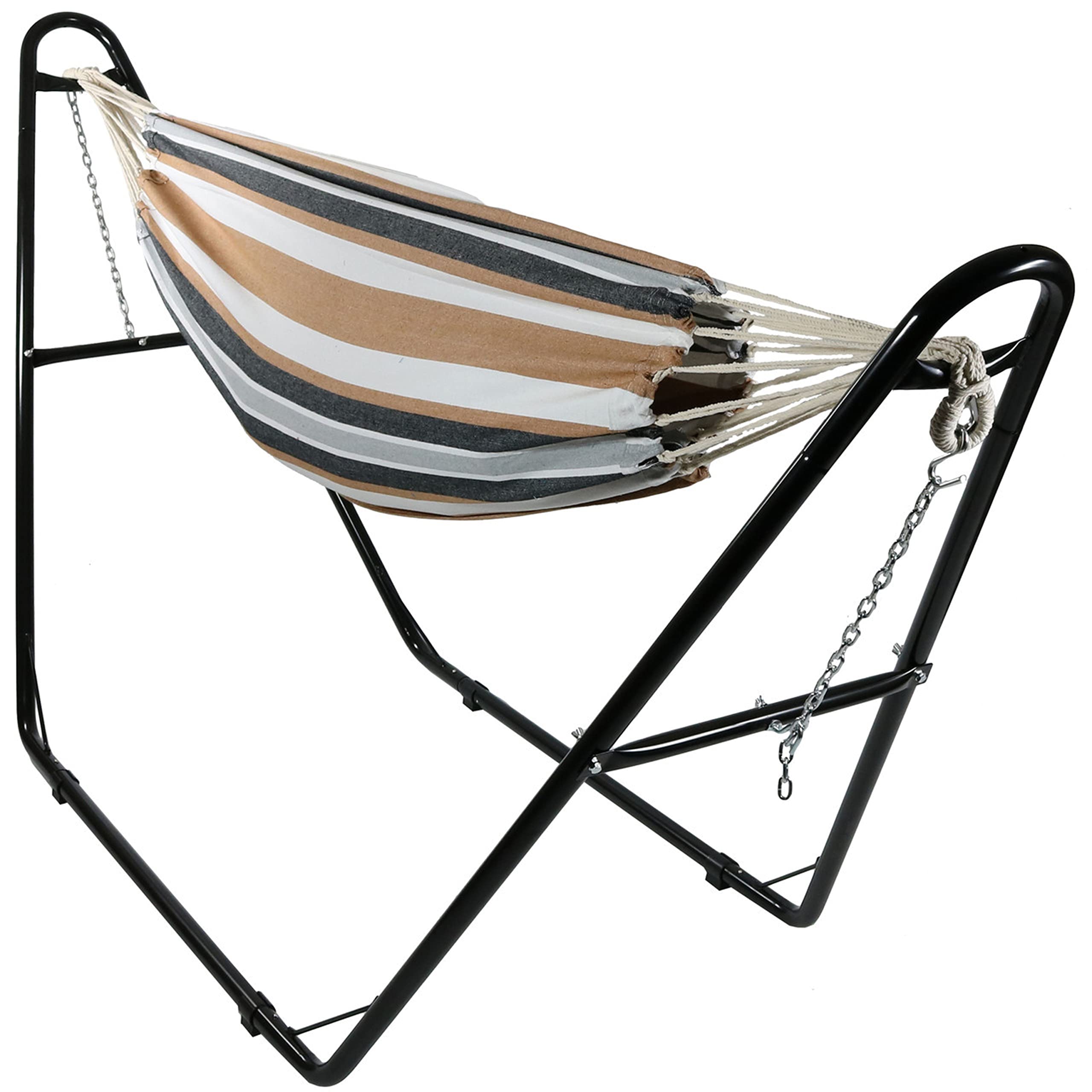 Premium Double Brazilian Cotton Hammock with Universal Stand - 450 lb Weight Capacity - Black Steel Frame - Relaxing Desert Design for Backyard, Patio & Outdoor Lounging