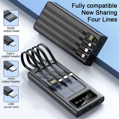 30000mAh Solar Power Bank with 4 USB Ports & Built-in Cables - Fast Charging Portable Charger for Outdoor, Travel, Camping, and Emergency Power Backup