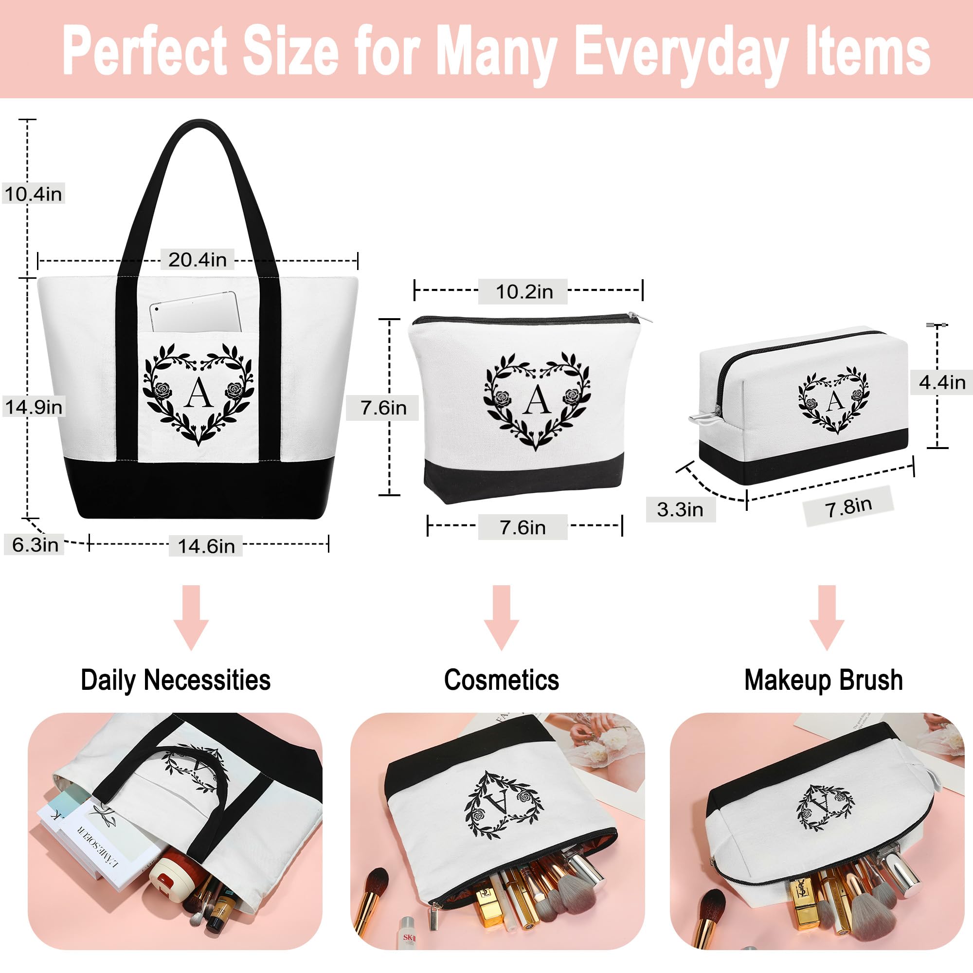 Personalized Initial Tote Bag & Makeup Bag Set - Valentine's Day, Birthday Gifts for Women, Mom, Teacher, Friend, Daughter - Perfect for Travel, Work, School & Everyday Use