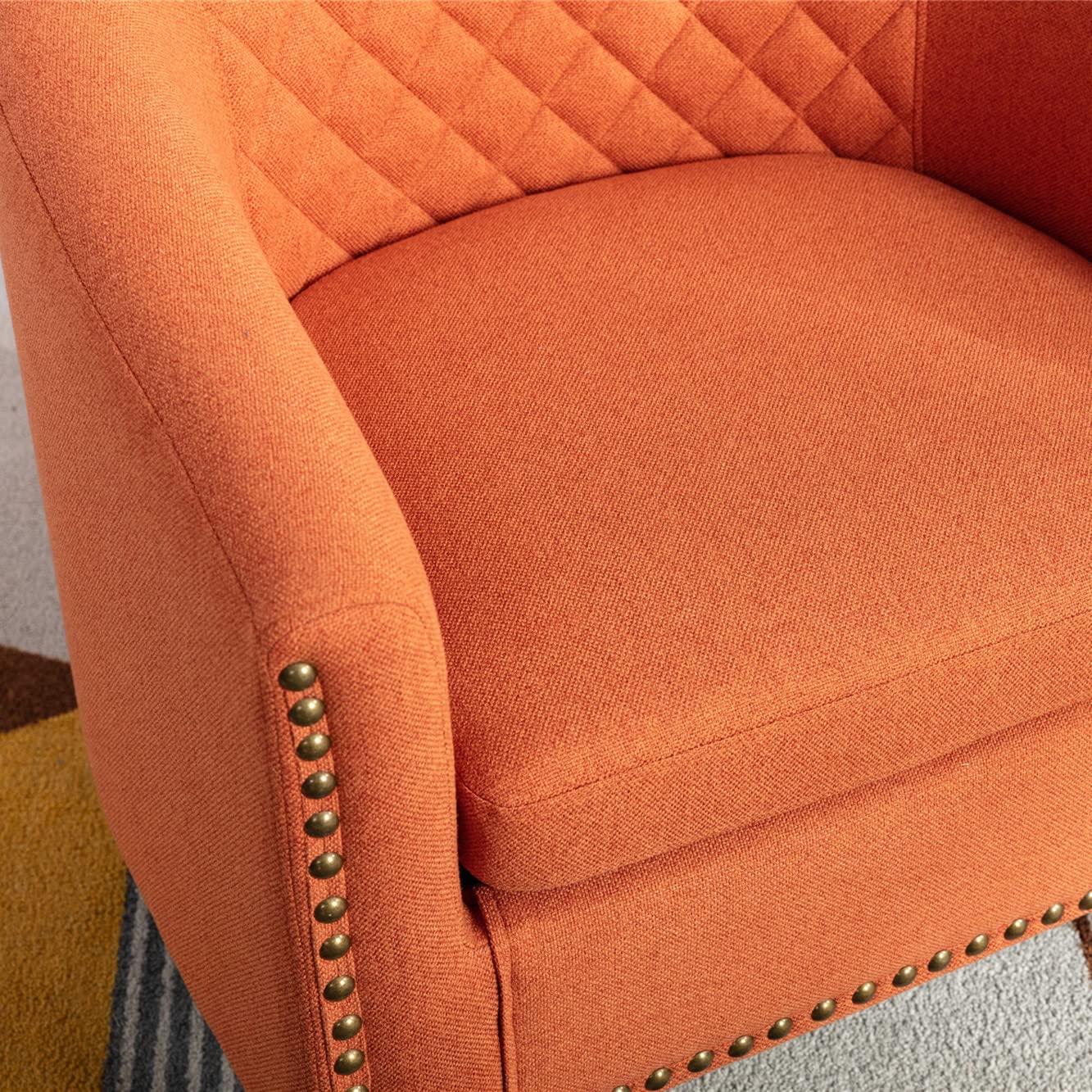 SSLine Classic Upholstered Accent Armchair - Soft Fabric Barrel Club Chair with Solid Wood Legs & Nailhead Trim - Comfortable Living Room Sofa, Office Guest Chair & Bedroom Seating (Orange) - Perfect for Cozy Reading Nooks, Home Offices & Lounge Areas