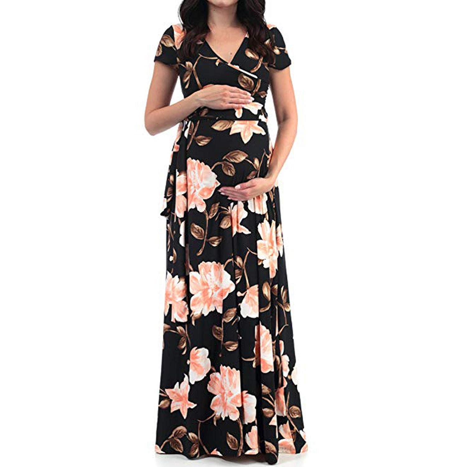 Plus Size Maternity Maxi Dress for Women - Floral Print V-Neck Long Dress for Baby Shower, Pregnancy Photoshoot & Special Occasions