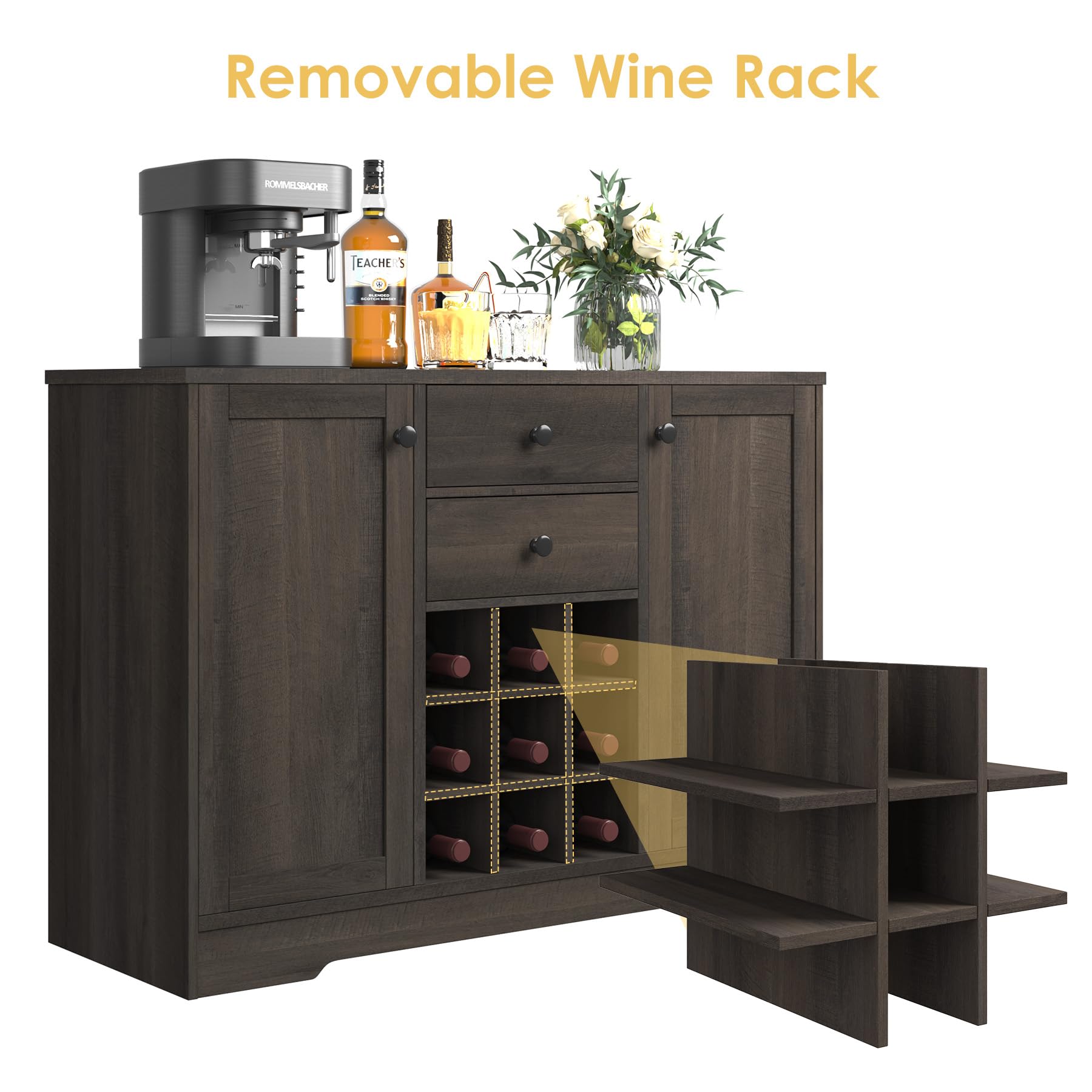 Farmhouse Buffet Sideboard Bar Cabinet with 2 Drawers & Adjustable Shelves - 43.3