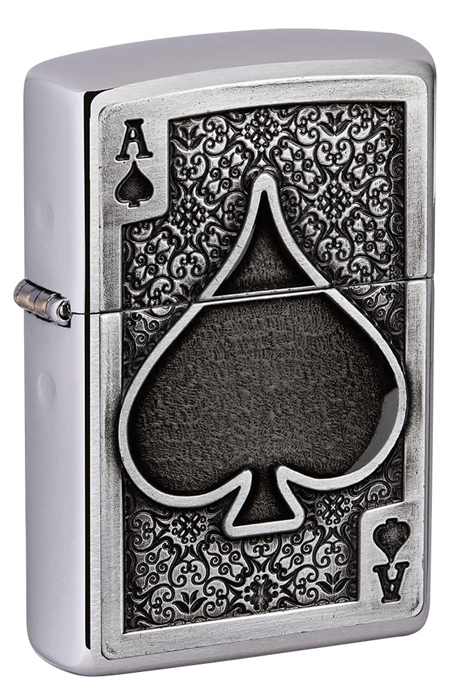 Zippo Ace of Spades Emblem Brushed Chrome Windproof Pocket Lighter - Perfect for Camping, Hiking & Outdoor Adventures