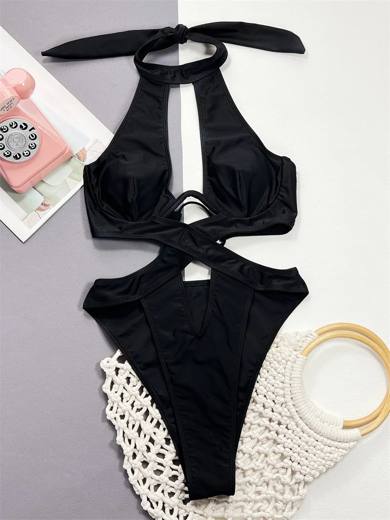 Sexy Black Halter One Piece Swimsuit for Women - Backless Hollow Out Monokini with Cross Bandage Design | 2024 Trendy Swimwear for Beach, Pool Party & Summer Vacation