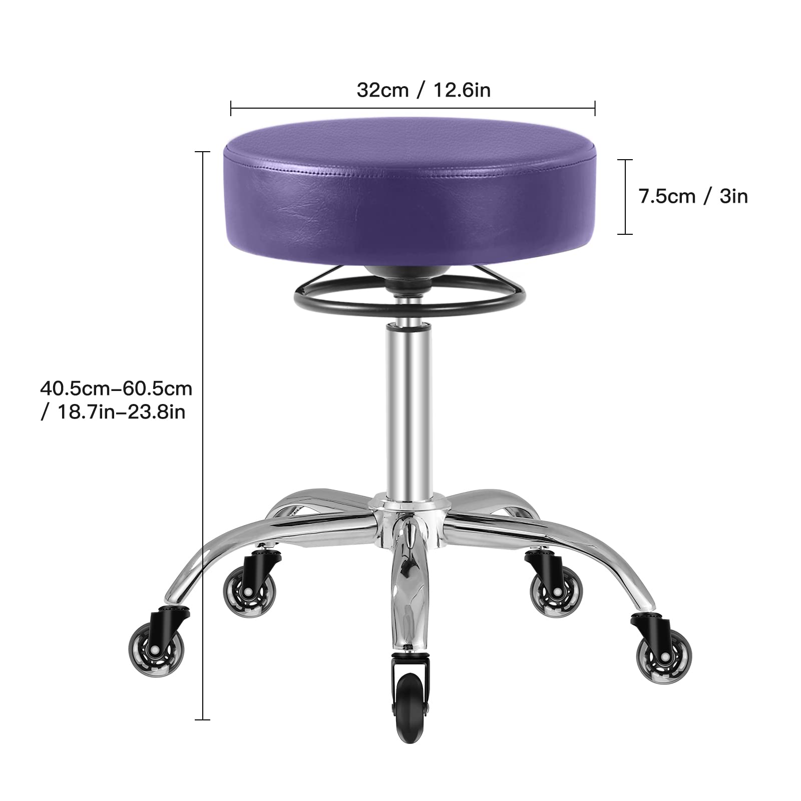 Heavy Duty Rolling Stool with Wheels - 400lbs Weight Capacity, Adjustable Swivel Chair for Tattoo, Massage, Salon, Spa, Drafting & Nail Tech - 360° Rotation, Leather Upholstery, Thick Padded Seat (Purple) - Perfect for Professional Studios, Home Office & Beauty Services
