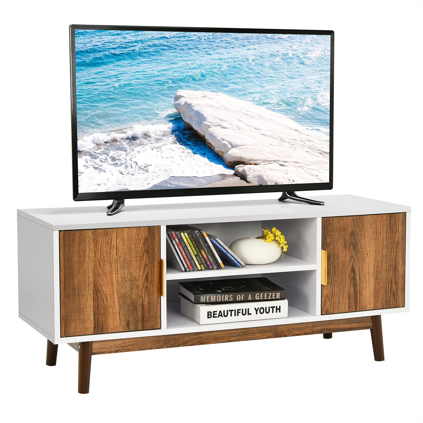 Tangkula 50 Inch TV Stand with 2 Doors - Mid Century Modern Entertainment Center with 2 Storage Cabinets, Open Shelves & Cable Management Holes - Perfect for Living Room, Bedroom & Home Theater Setup