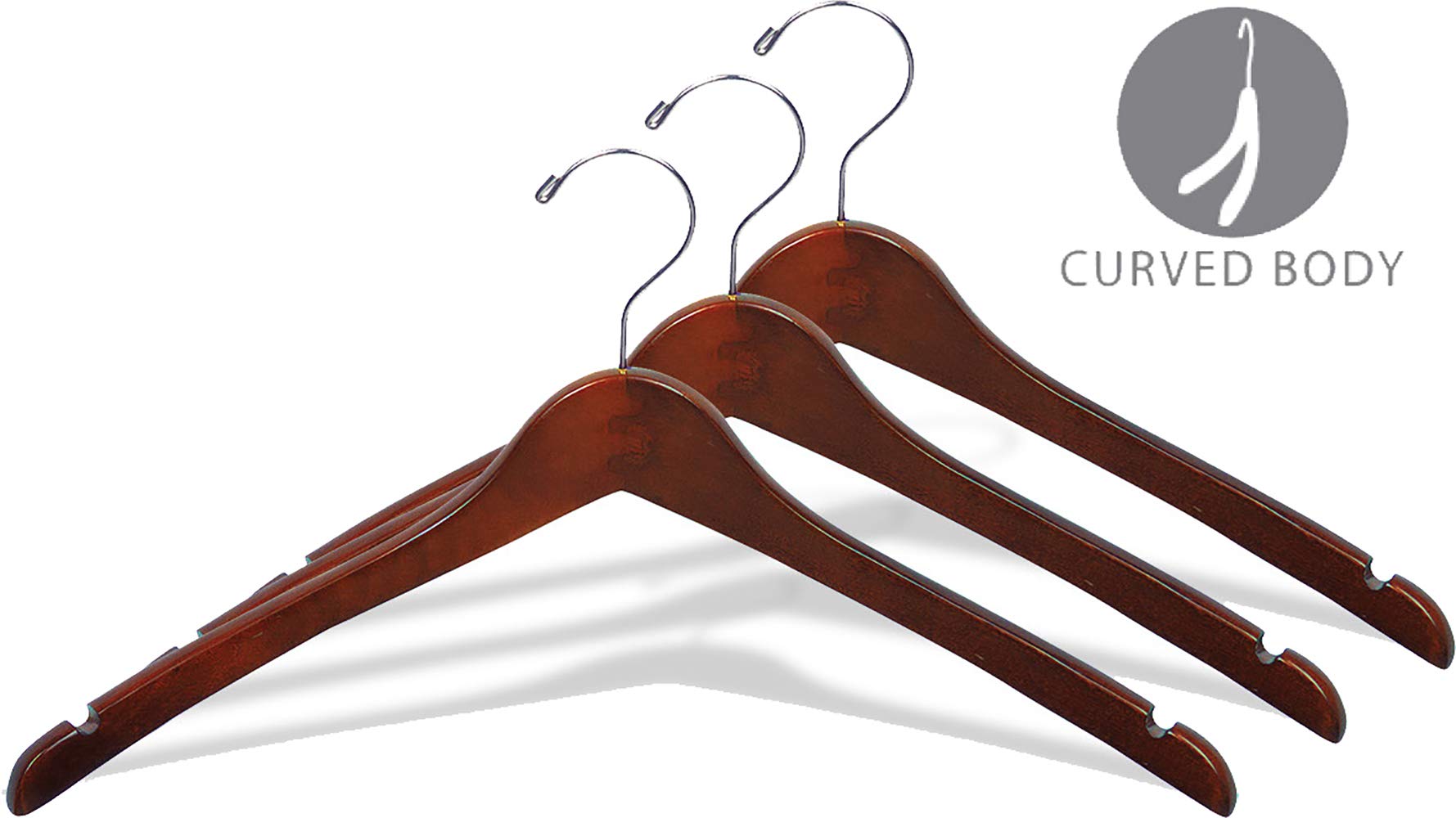 Premium Wooden Coat Hangers with Curved Top - Natural Walnut Finish & Chrome Hardware (Set of 100) - Ideal for Closet Organization, Retail Stores, and Luxury Garment Display