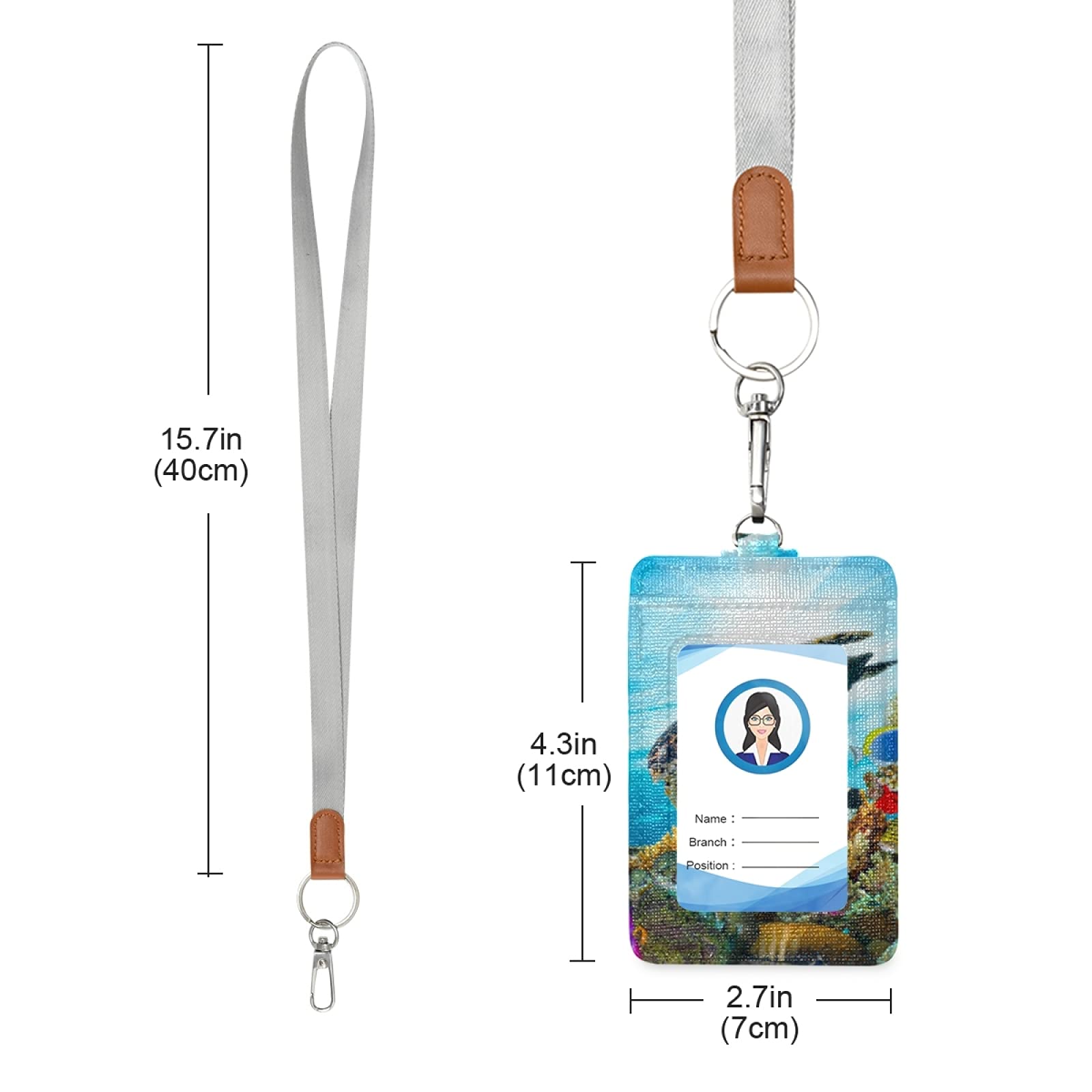 Premium PU Leather ID Badge Holder with Adjustable Neck Lanyard & Key Ring - Waterproof RFID Blocking Card Case for Work, School & Events (Sea Turtle Design)
