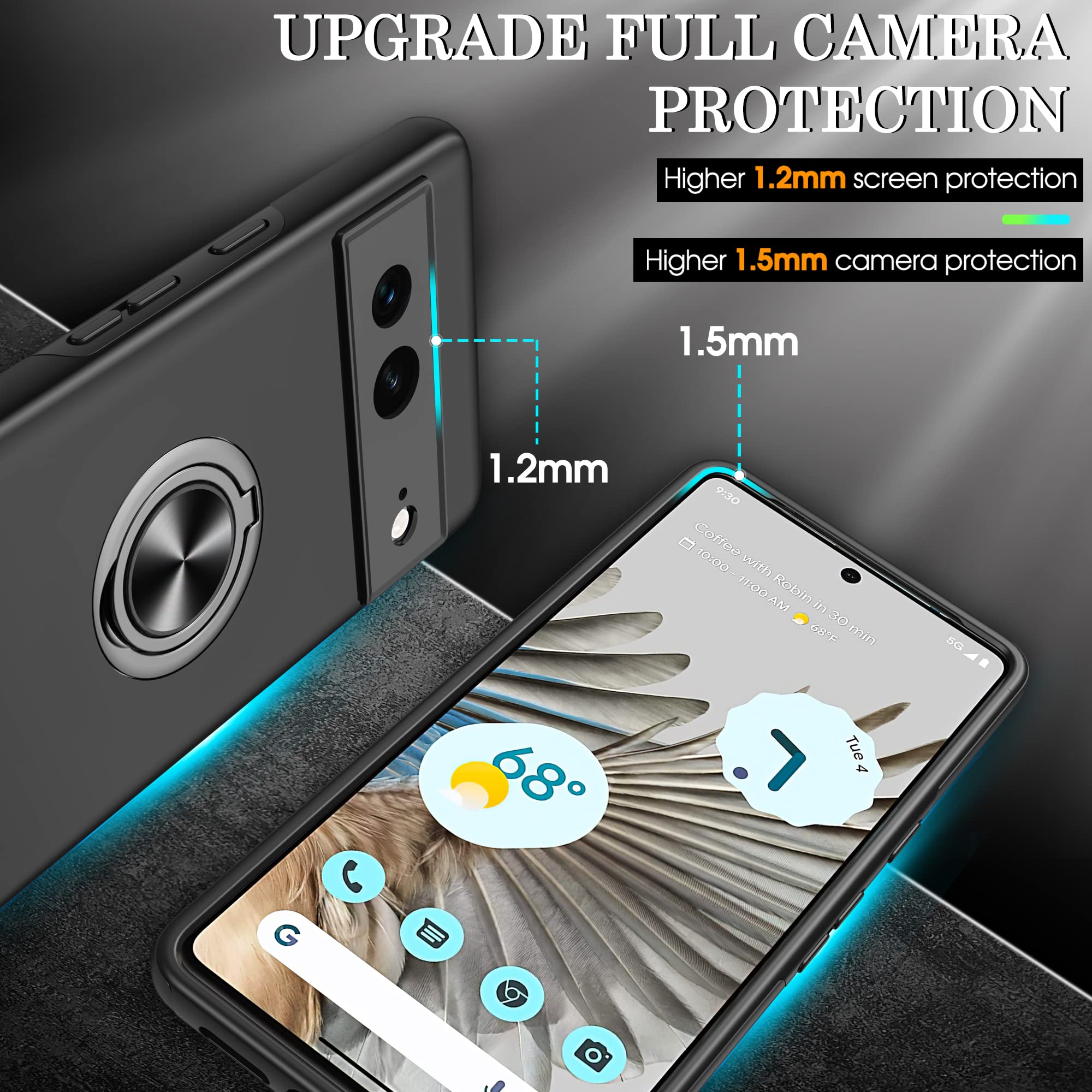 Shockproof Google Pixel 7 Case with HD Screen Protector - 360° Magnetic Ring Holder & Kickstand - Black | Perfect for Everyday Protection & Hands-Free Viewing