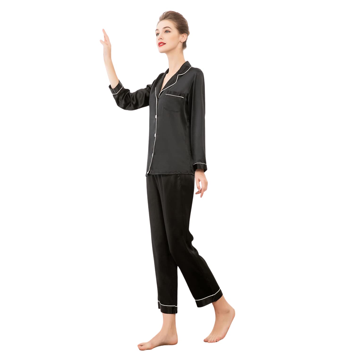 LEPTON 100% Mulberry Silk Long Sleeve Pajama Set for Women - Soft & Luxurious Sleepwear for Nighttime Comfort & Relaxation | Perfect for Gift, Lounge Wear & Special Occasions