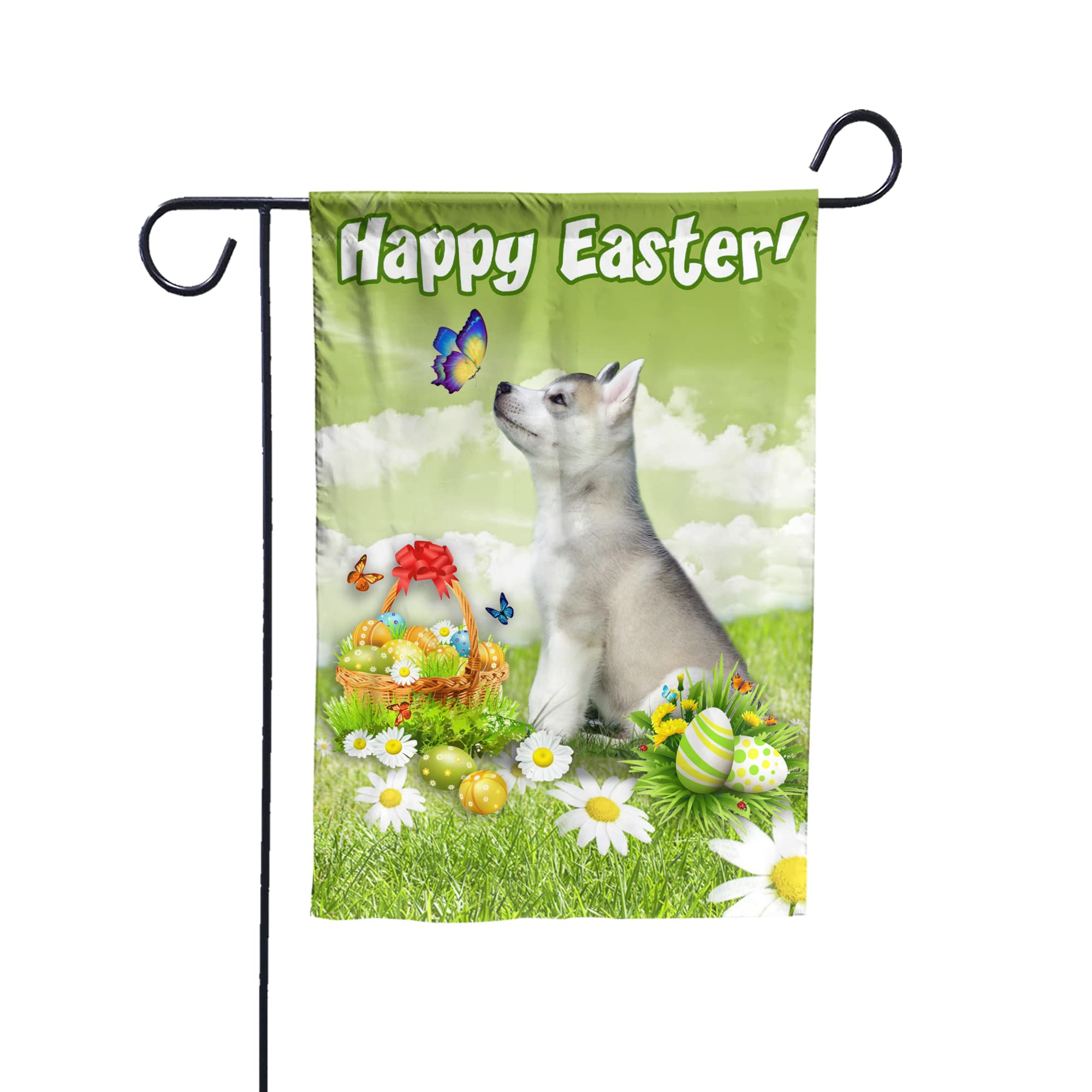 Happy Easter Flag with Siberian Husky Dog Design - Funny Dog Decor for Spring - Easter Eggs Garden Flag for Holiday Home Decor - Welcome Flag DG3033 - Perfect for Front Yard, Porch & Easter Party Decorations