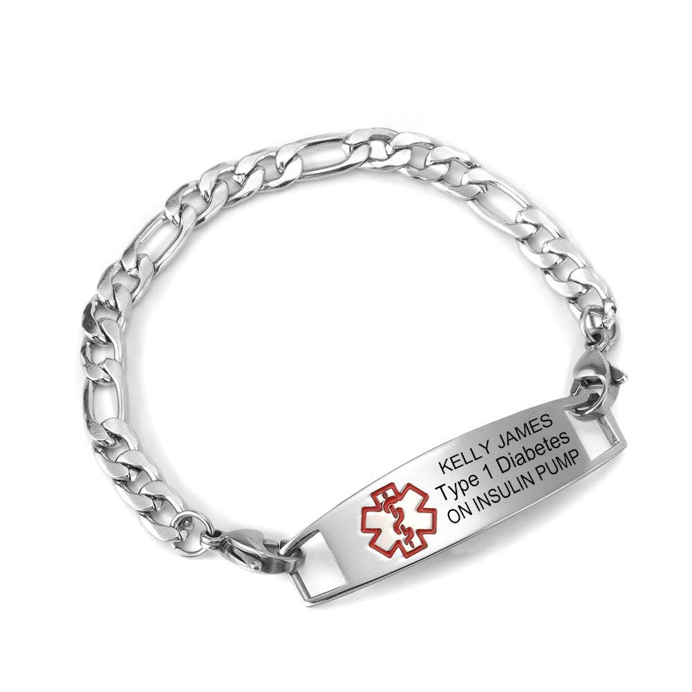 Personalized Medical Alert ID Bracelet for Women - Free Engraving, Figaro Chain, Emergency Medical Information Jewelry (Ideal for Diabetes, Allergies & Daily Wear)