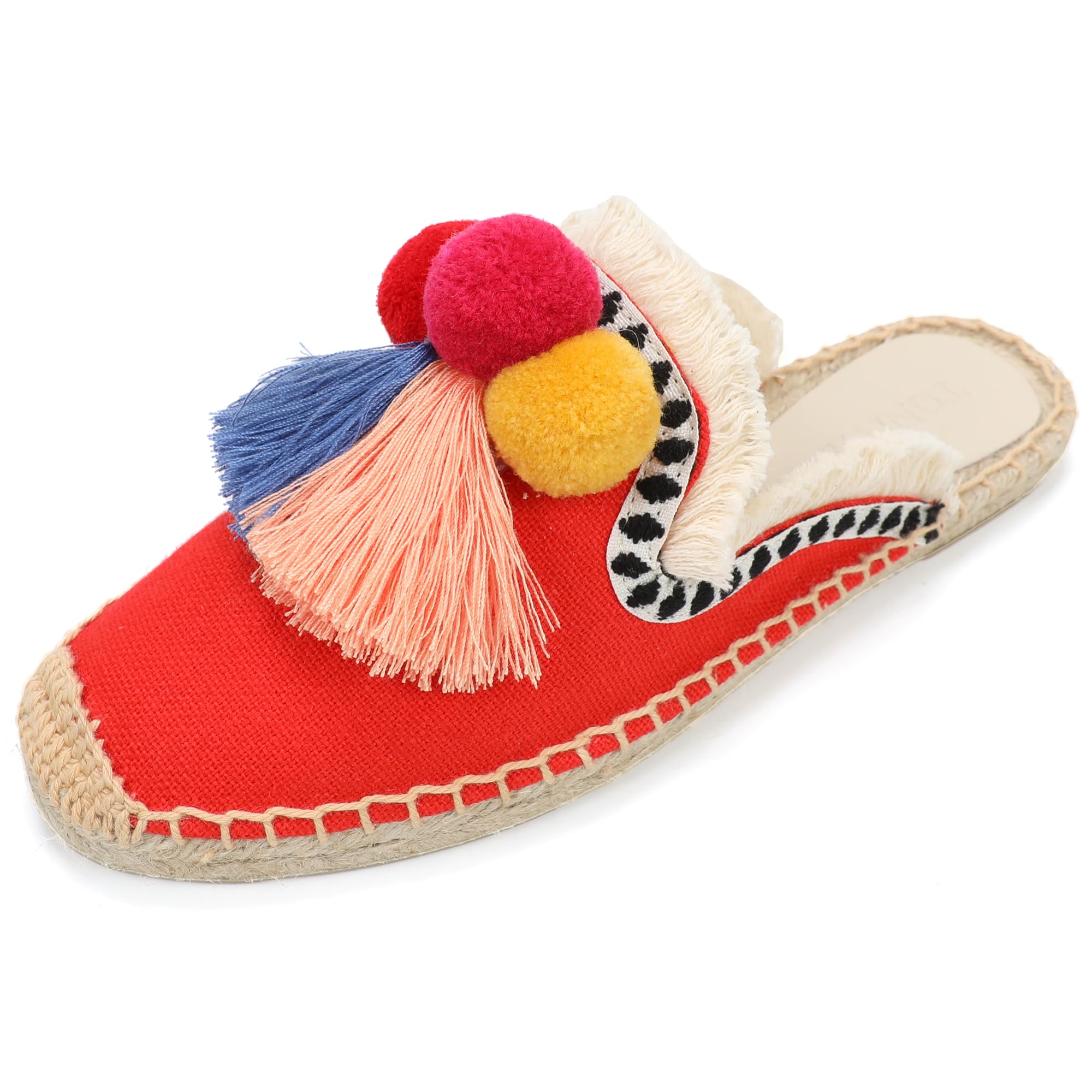 Women's Comfortable Mule Flat Shoes with Tassel & Pompom - Breathable Espadrilles Slides Backless Slippers for Summer, Beach, Casual Wear & Home Use