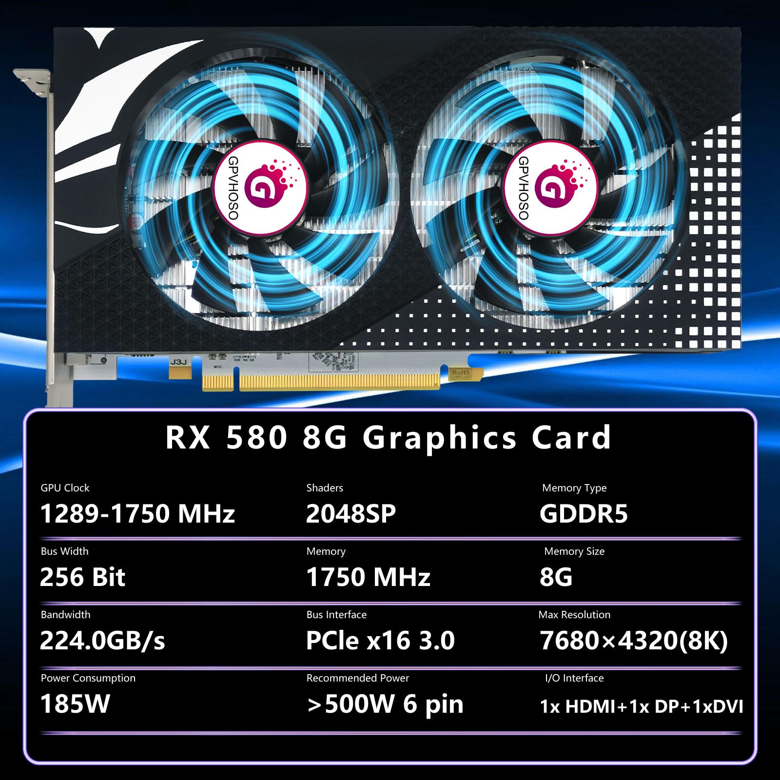 AMD Radeon RX 580 8GB GDDR5 256-bit Gaming Graphics Card with Dual Cooling Fans - 1289MHz Core Clock, 2048SP, HDMI/DP/DVI Outputs, PCIe 3.0 - Perfect for 1080p/1440p Gaming, Video Editing & 8K Content Creation