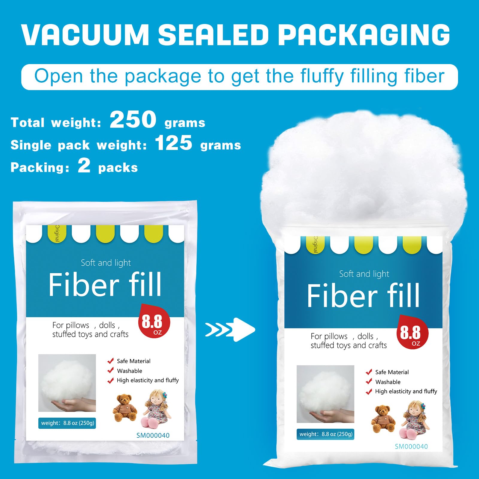 Premium Polyester Fiber Fill for DIY Projects - High Resilience Stuffing for Dolls, Pillows & Comforters - 250g/8.8oz Recyclable Fiber - Perfect for Crafting, Home Decor & Soft Toy Making