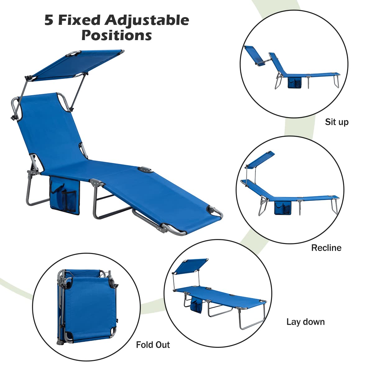 Giantex Adjustable Tanning Chair with Canopy & Storage - 5-Position Patio Chaise Lounge, Foldable Beach Chair for Poolside, Lawn, Camping - Perfect for Sunbathing, Relaxing by the Pool or Beach Vacation (Navy Blue)