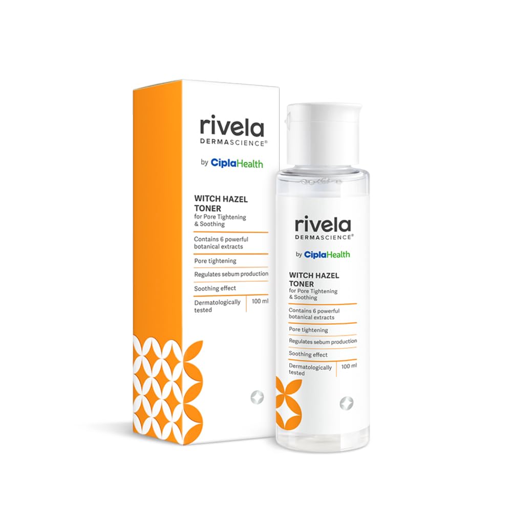 Rivela Dermascience Witch Hazel Face Toner by Cipla | Alcohol-Free Hydrating Toner for Pore Tightening, Soothing & Glowing Skin | With 6 Botanical Extracts to Regulate Sebum Production | 100ml | Perfect for Daily Skincare Routine & Post-Shave Care